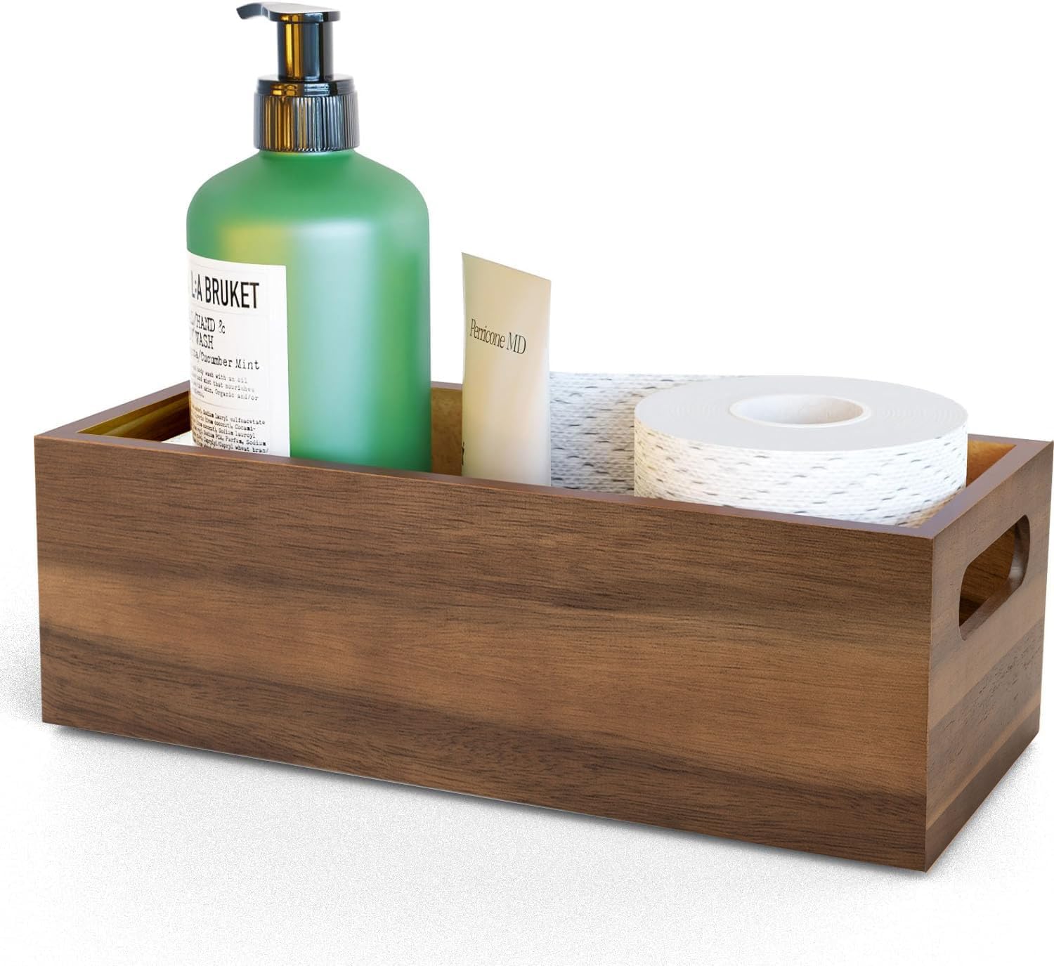 Natural Acacia Hardwood Bathroom Tray with Handles for Organizing Toiletries and Accessories - Large 16.5x6 in Size for Countertop, Shelf, or Tank Top Storage