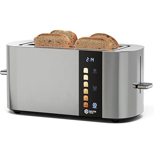 TS-34 4-Slice Toaster, 1400W Stainless Steel with LCD Touch Panel, Built-in Warming Rack, Extra-Wide 1.5" Slots, Safe Cool-Touch Housing, BPA-Free, 6 Browning Levels, Removable Crumb Tray