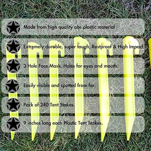 Miniatura 4 de Paquete de 240 clavijas de plástico duradero de 9 pulgadas, color amarillo brillante, estacas de tienda de campaña resistentes para una