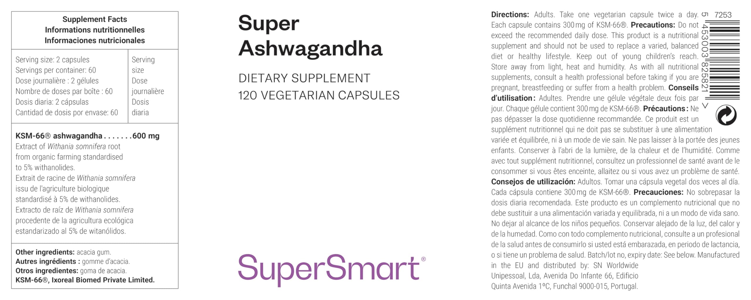 Super Ashwagandha - Rilassamento naturale e antistress - SuperSmart | KSM-66® - Favorisce la resistenza e il recupero muscolare - Estratto di Withania Somnifera (5%) - Vegano