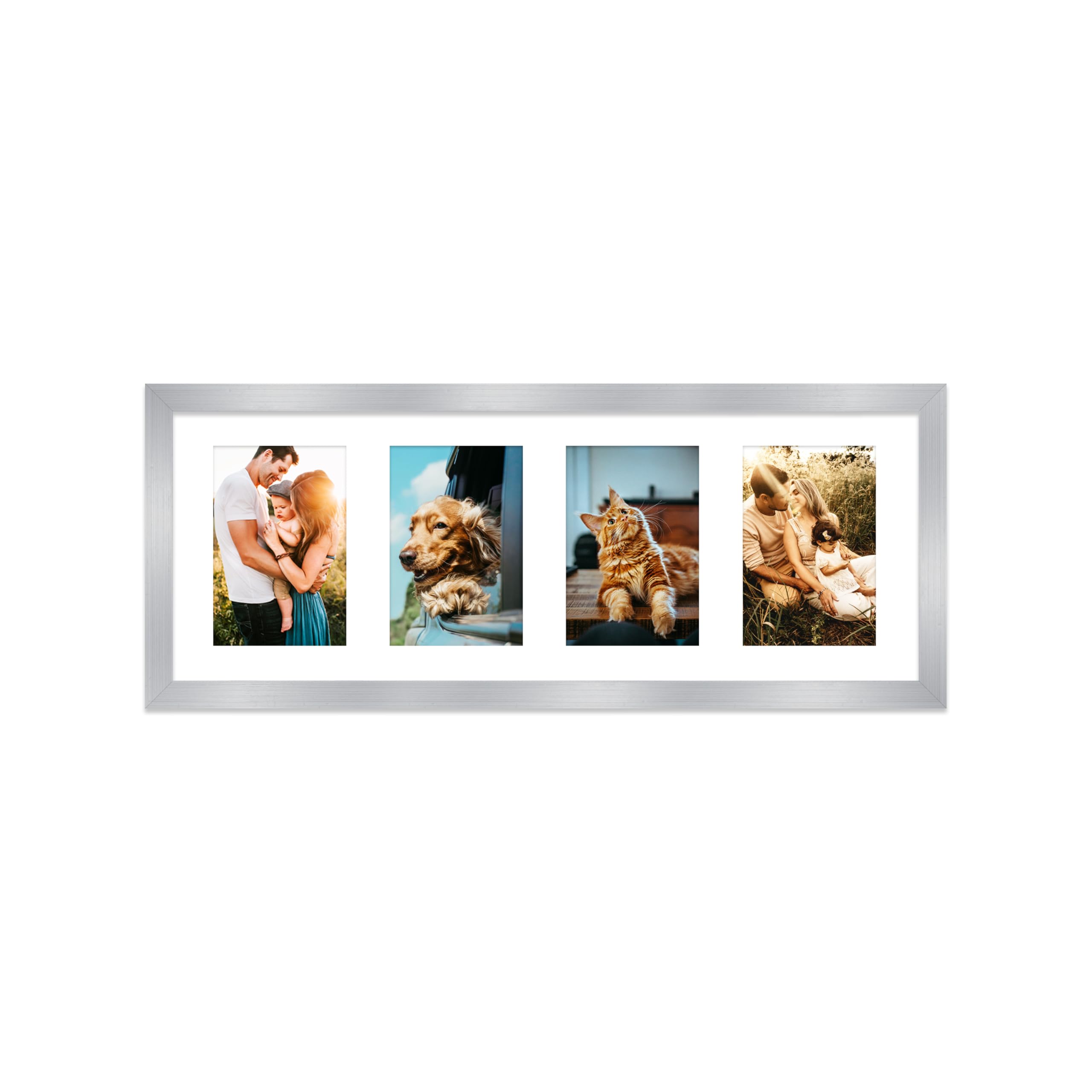 Silver Multi Photo Frame - Holds 4 x 6x4 Pictures, Family Collage Picture Frame for Wall Display, 8x22 Panoramic Frame Size, Pack of 1
