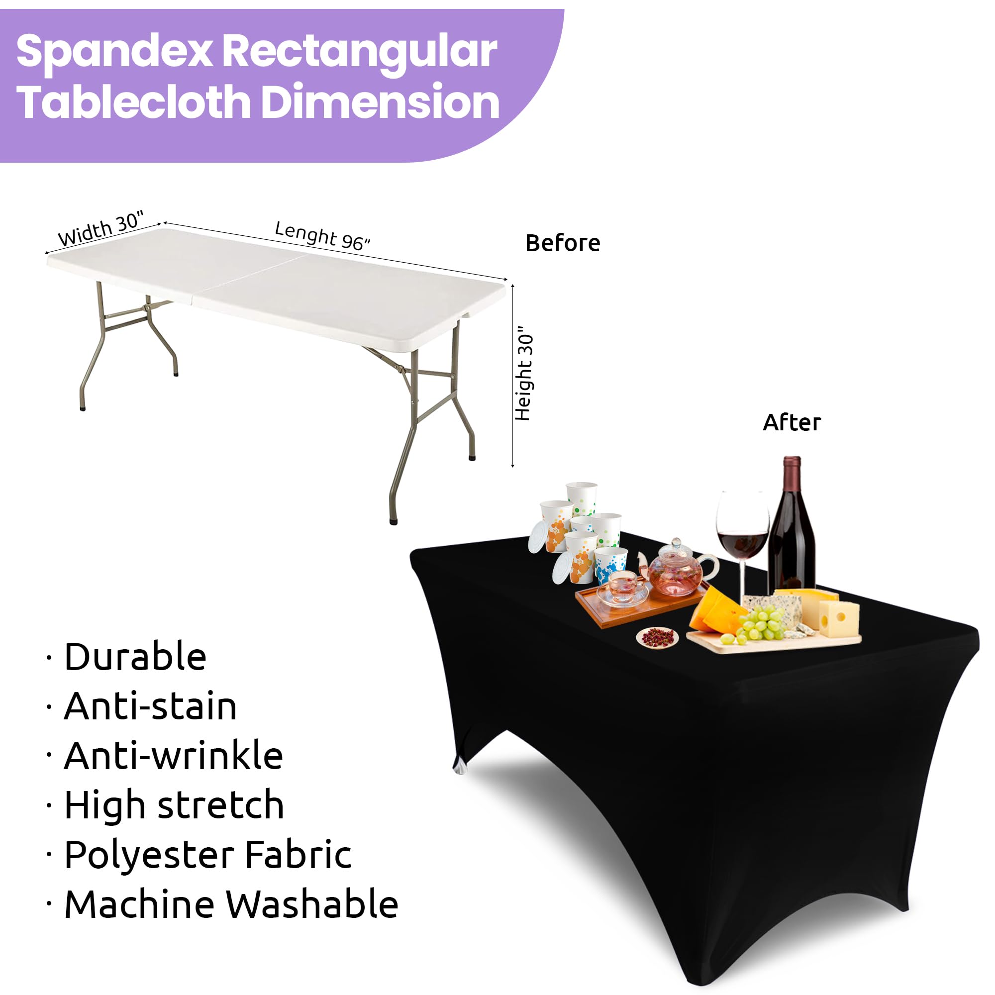 Event Decor Shop Mantel rectangular elástico negro de 8 pies, mantel de elastano elástico resistente para mesas de tartas de boda, bufés de catering, cabinas de DJ y decoración de eventos, 5 unidades