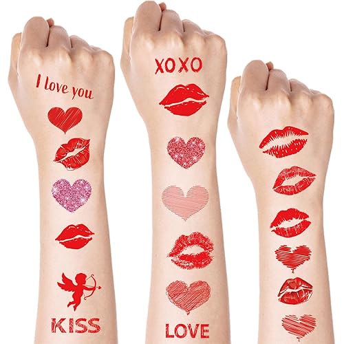 Tatuaje temporal de San Valentín, labios de corazón, tatuajes falsos, impermeables, calcomanías de tatuaje de rosas para mujeres y hombres,