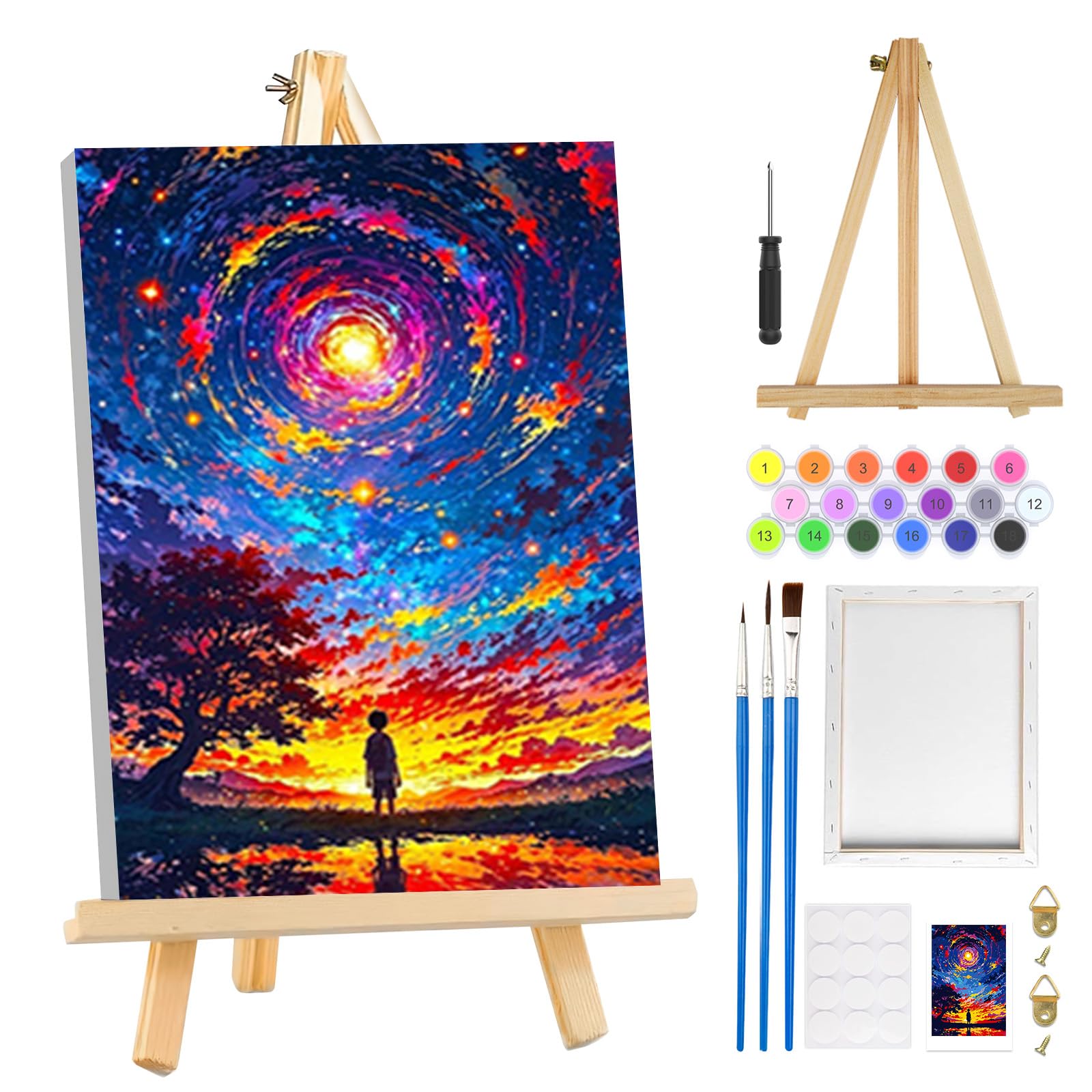 MOGTAA Paint by Numbers for Adults with Frame, Starry Sky Painting by Numbers for Adults with Easel, Easy DIY Landscape Oil Painting Kits Art Crafts for Home Decor, 8x12in