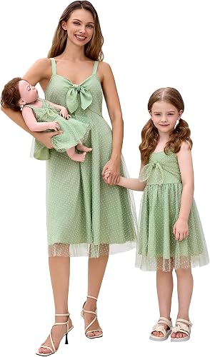 AWIBMK Mommy and Me Dress Swiss Dot Bowknot Mother Daughter Matching Sundress Su