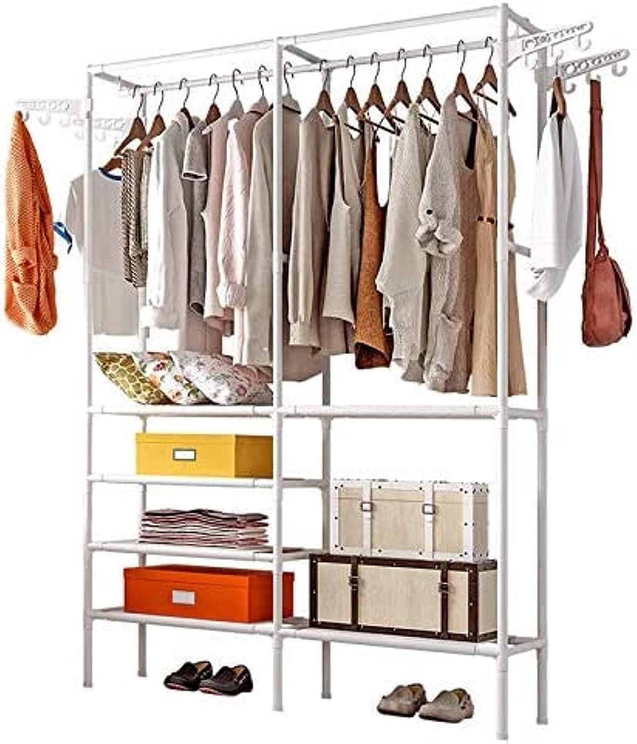 Double Row Clothes Rack Clothing Rack,Adjustable Wire Shelving Clothing Racks with Hanging Rods,Freestanding Closet Metal Wardrobe Closet for Bedroom (white)