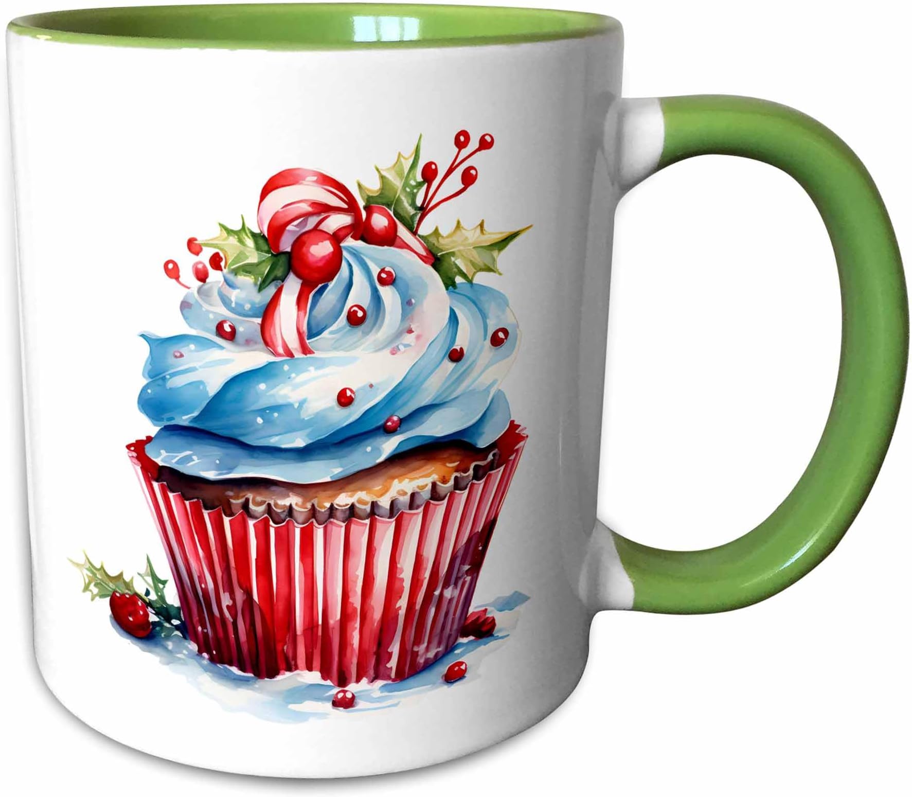 Cute Christmas Cupcake With Holly Berry Illustration 11oz Two-Tone Green Mug