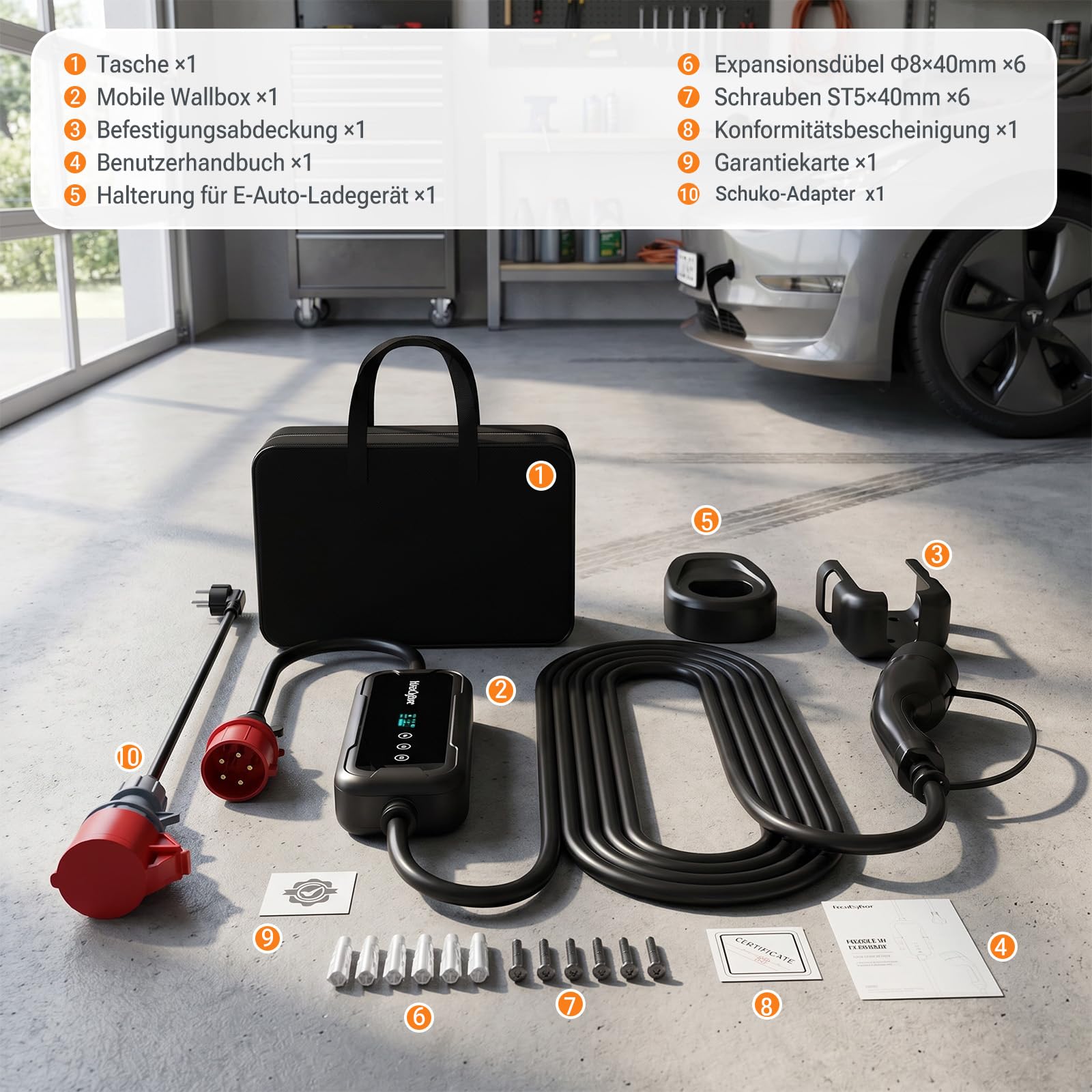 Mobile Wallbox 11kW mit App & OLED, 7,6m 3-phasig, 400V 8-16A einst., CEE-Stecker IP66+FI-Schutz, Ladegerät Typ 2 mit Schuko-Adapter, Wandmontage & tragbar, für Model 3/Y, ID.3, u.a. BEV/PHEV