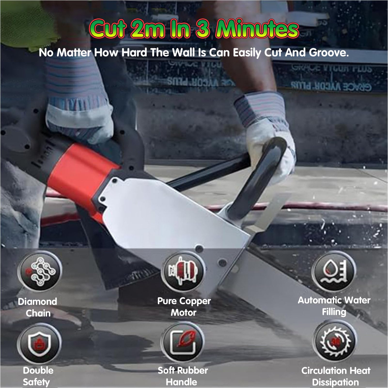 Cortador de pared de mano, máquina de motosierra para granito, hormigón, mármol, equipo de corte industrial con 2 cadenas, 2 barras guía 350