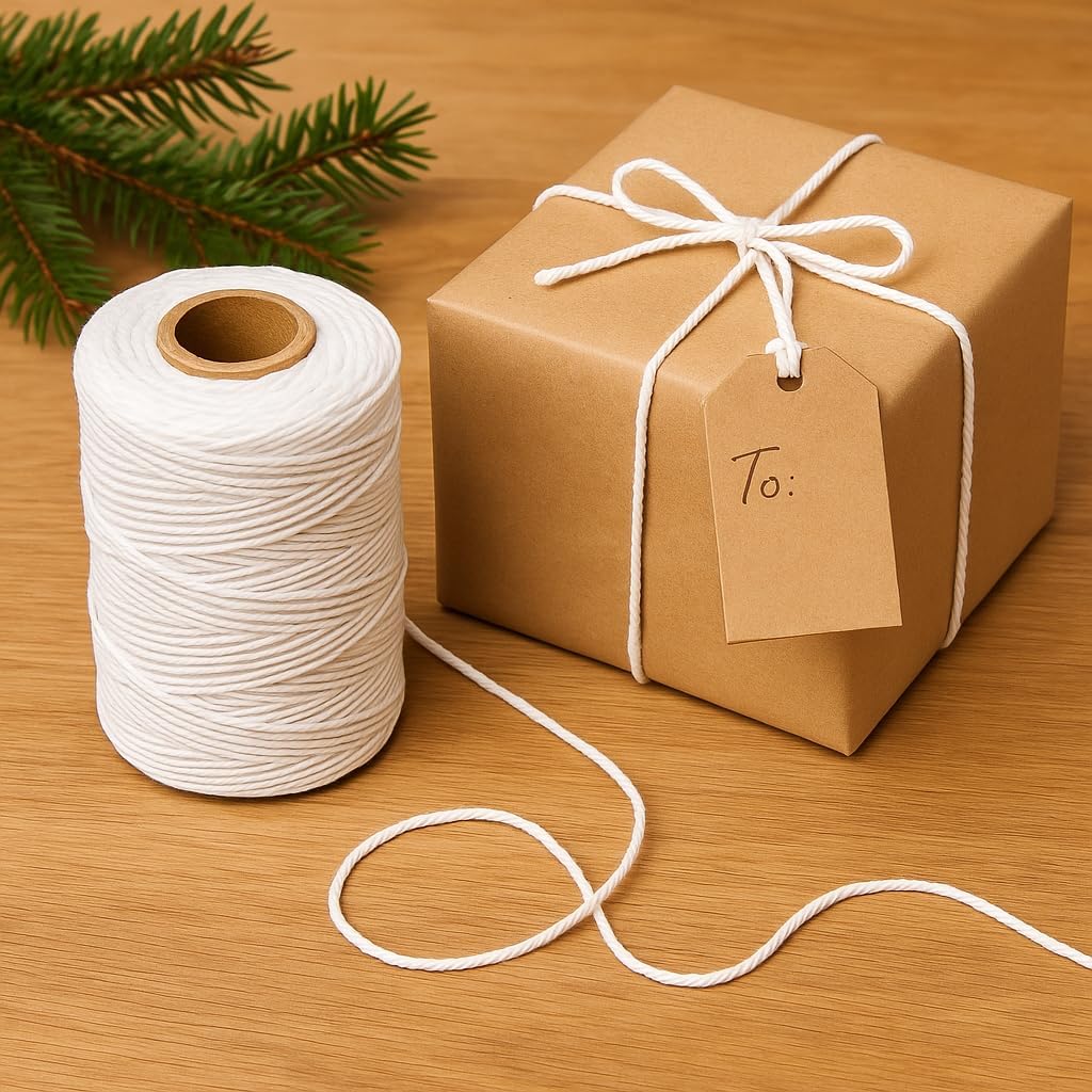2MM 328 Feet Cotton String, Cotton Bakers Twines, White Gift Wrapping Twine for Holiday, Wrapping, DIY Arts and Crafts, Home Decor, Macrame