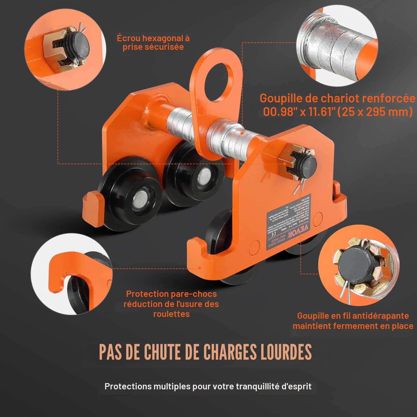 VEVOR Chariot Porte-palan Capacité de Charge 1 T Chariot à Poutre de Poussée Largeur Réglable de 63,5-203,2 mm Chariot à Palan de Garage en Acier Allié avec Roues pour Poutres en I Droite et Courbée