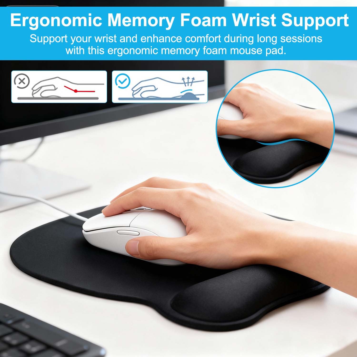 Tappetino Mouse Ergonomico con Poggiapolsi, Cuscino in Gel Schiuma a Memoria & Base Antiscivolo, Tappeto Mouse Grande Impermeabile per Ufficio e Gaming, 24x20.5cm, Tappetino Scrivania Nero