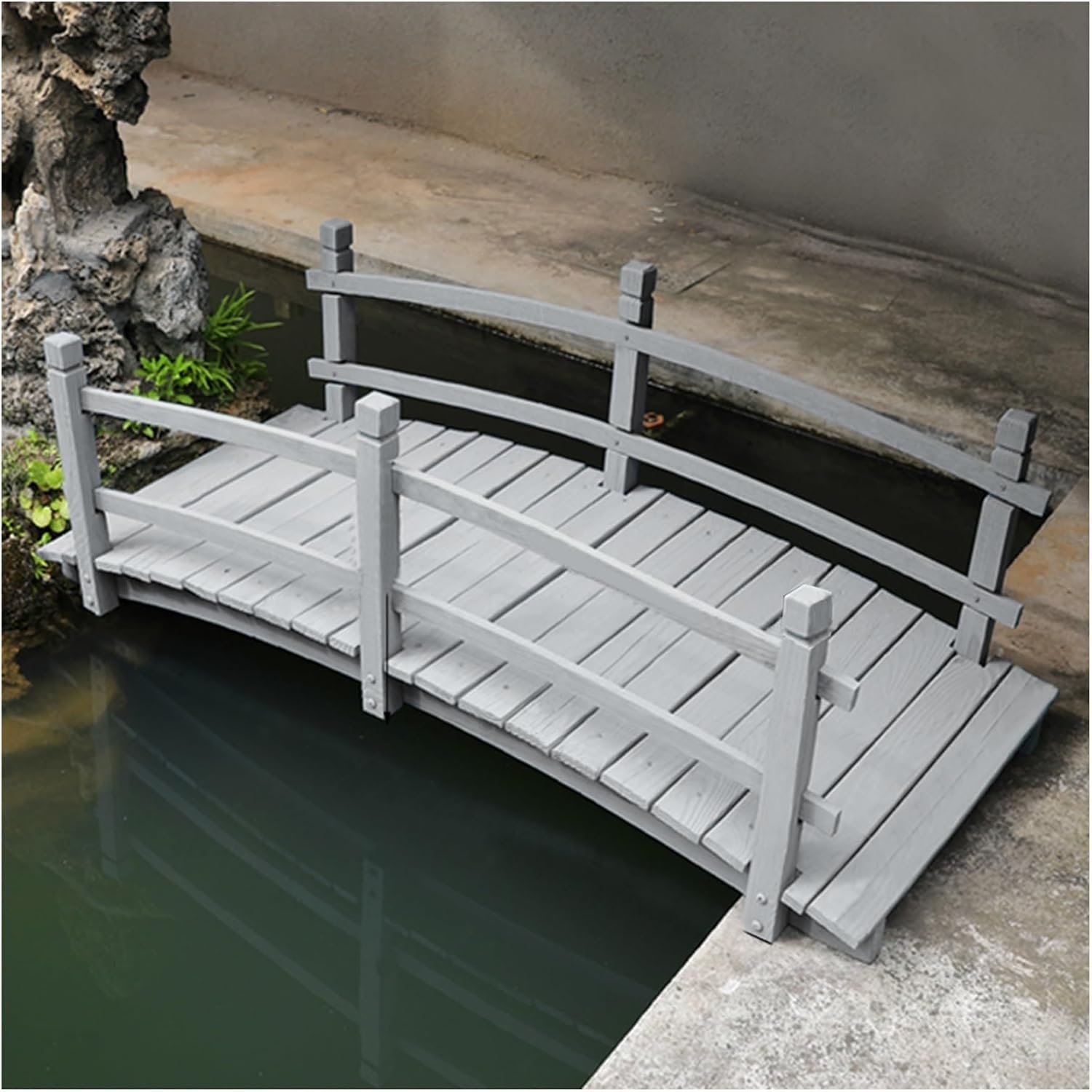 Katzowen Garden Wooden Bridge Wooden Garden Bridges to Walk on, Koi Pond Dry Creek Sidewalk Arch Footbridge, Outdoor Wedding Ceremony Entrance Little Bridge with Side Rails, Grey Stain Finished