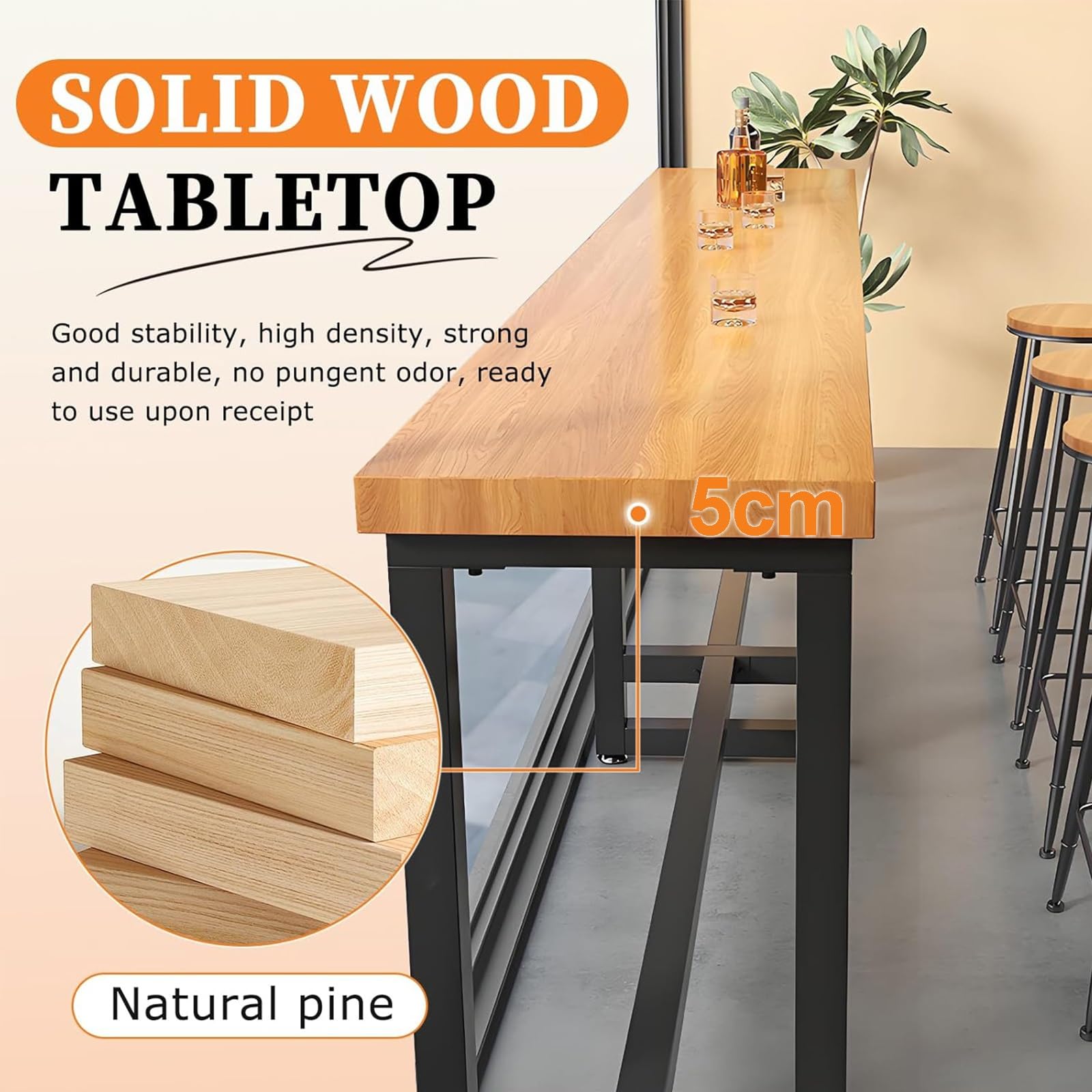 Table de bar d'extérieur, table haute de comptoir en bois massif, table de café, 5 cm d'épaisseur, table pour petits espaces