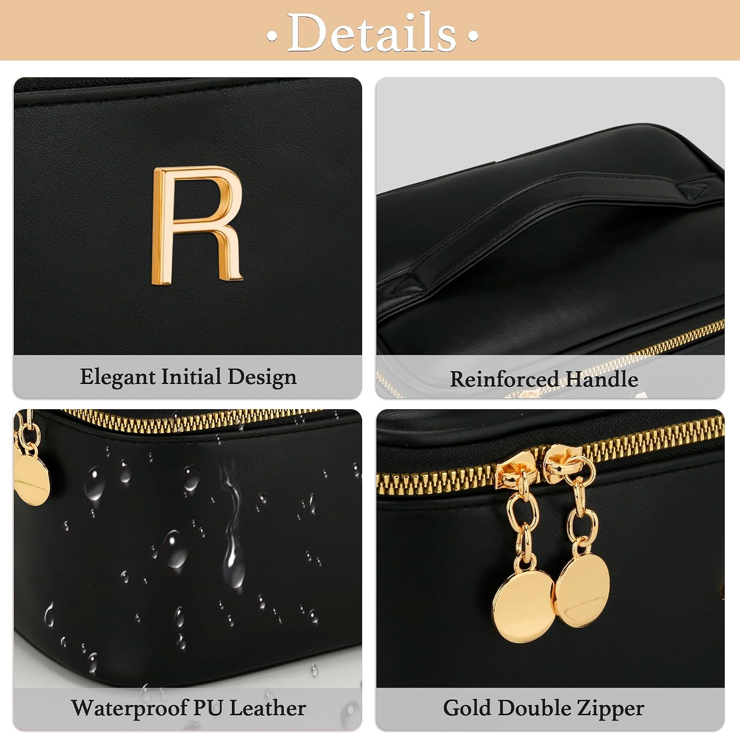 Personalized Initial Makeup Bag Gifts for Women, Large Travel Cosmetic Organizer with Handle & Divider, PU Leather Toiletry Bag for Girls, Birthday Bridesmaid Gift Set - Black - R