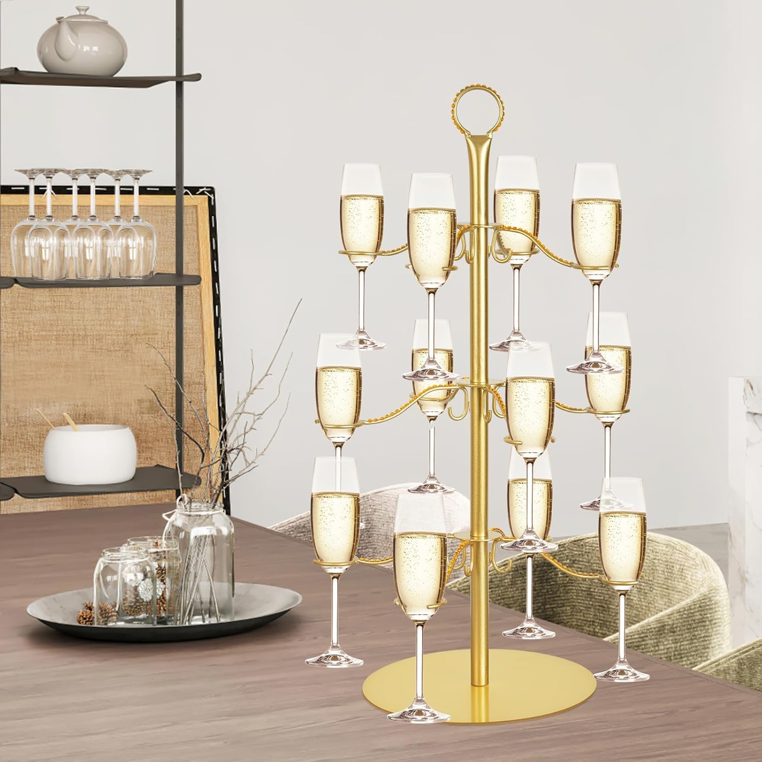 3 - Tier Cocktail Tree Stand, 12 - Holder Metal Wine Glass Display Rack, Ideal for Champagne, Martini, Margarita Cups, Perfect for Weddings, Bridal Showers & Parties (Gold)