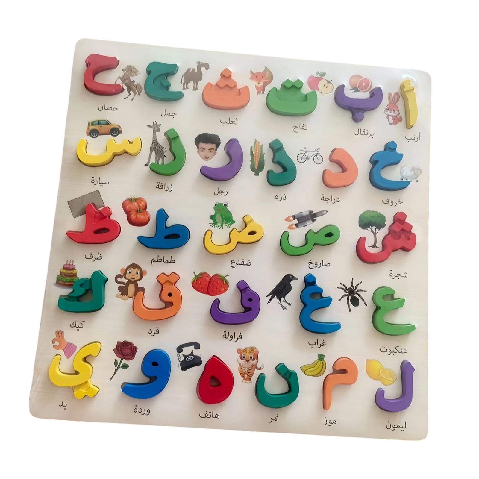 Fenteer Arabic Alphabet Puzzle Puzzle Board Game Language Learn Toy Wood Hand Grip Blocks Learning Arabic Letter for Boys Kids