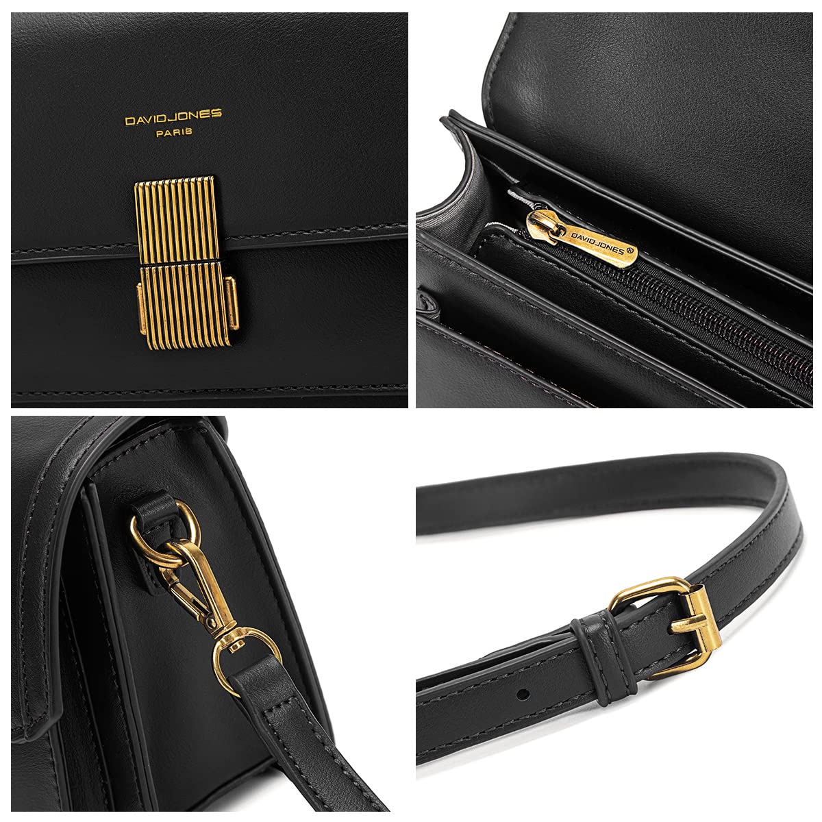 David Jones - Pequeño Bolso Bandolera Cadena Mujer - Bolsos de Hombro Cruzado Cuero PU - Mensajero Crossbody Bag - Bolso Mano Zip Embrague Clutch Pochette Noche Telefono - Negro
