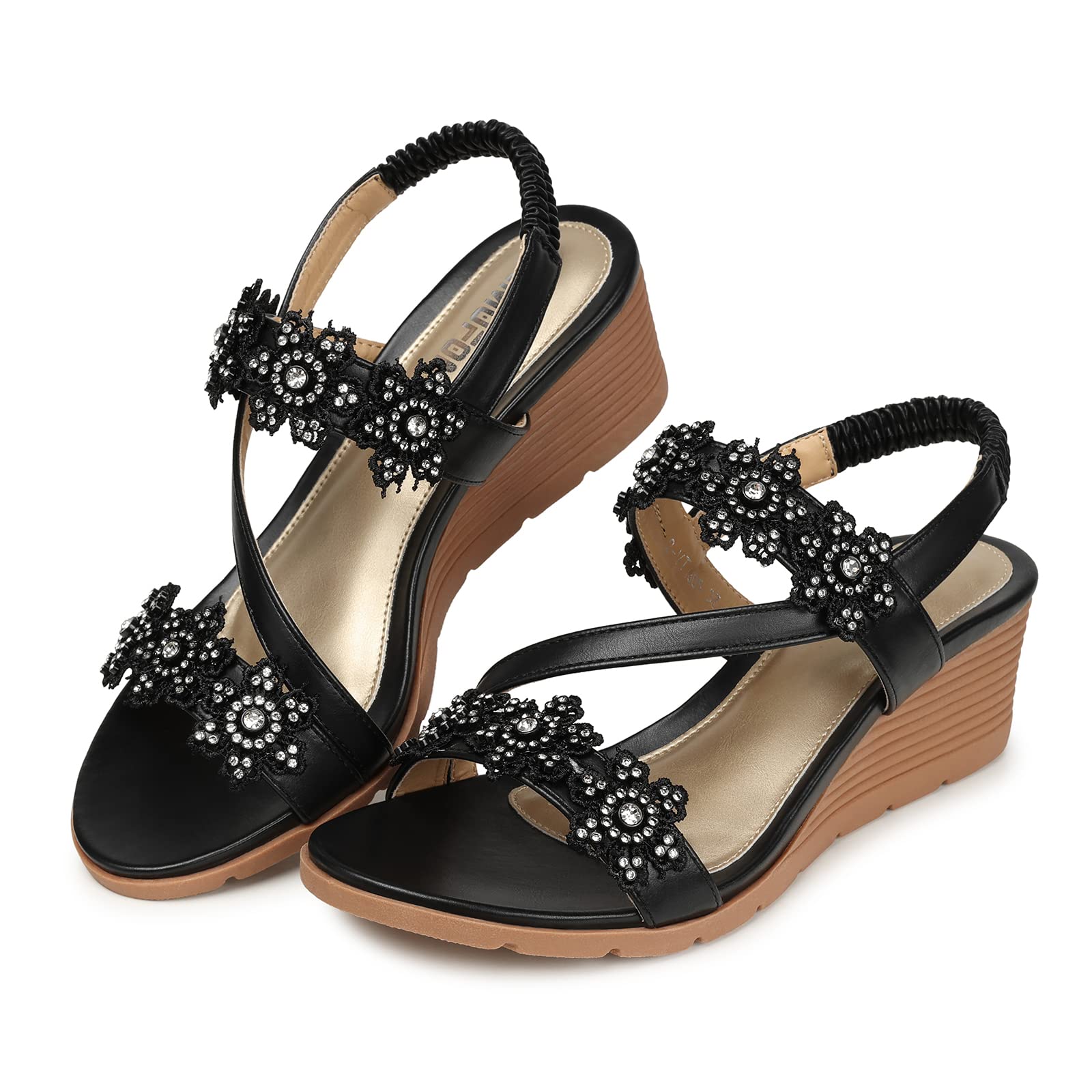 TEMOFONWedge Sandals for Women Dressy: Summer Open Toe Elastic Ankle Strap - Comfortable Bohemian Low Wedge Sandals