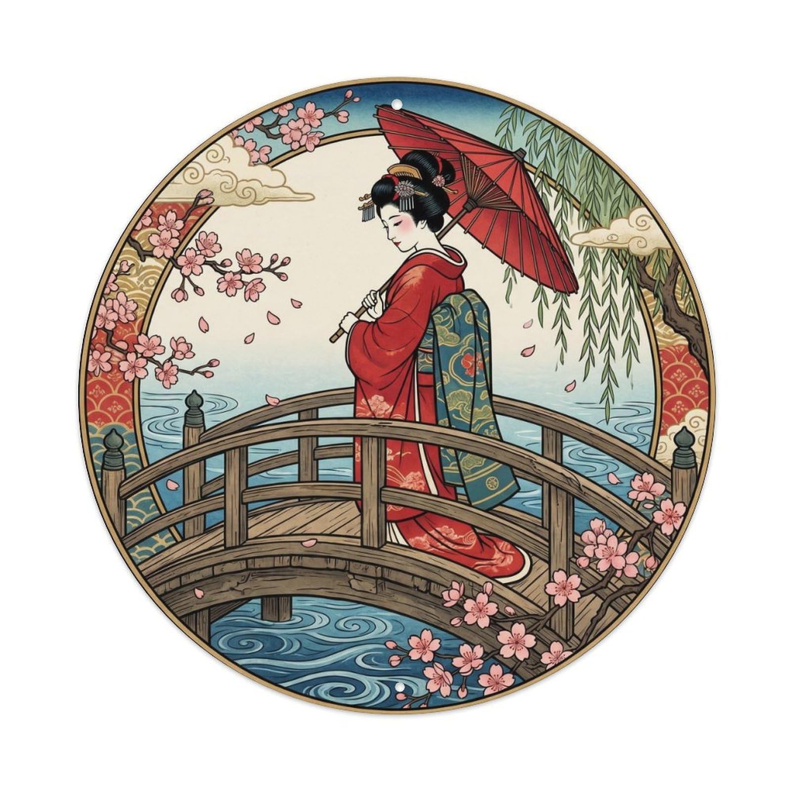 Fqnyr Style Metal Tin Sign Japanese Geisha Bridge Glance Tender Moment
