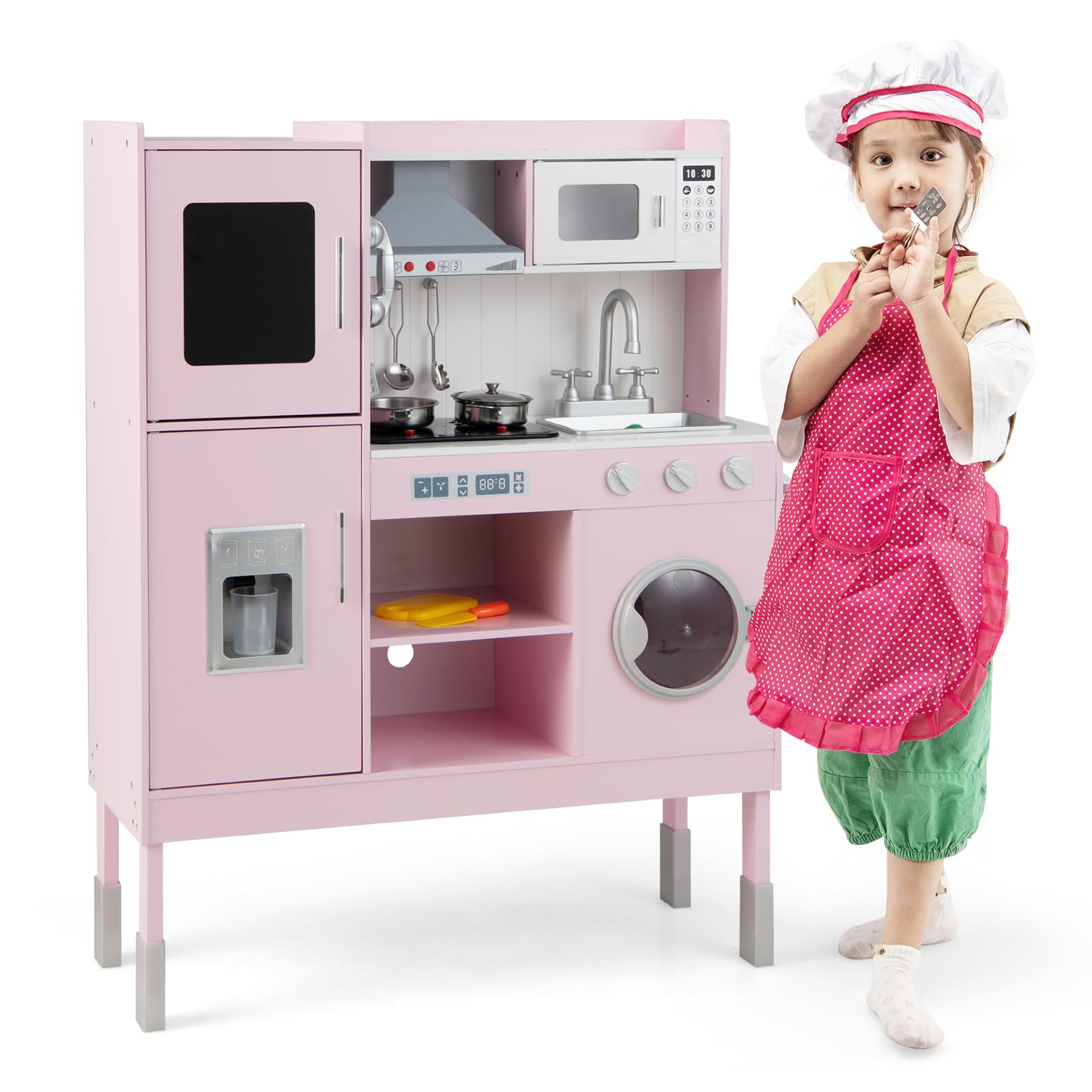 DREAMADE Cuisine Enfants en Bois avec Sons, 10 Accessoires, Tableau Noir, Téléphone, Lave-vaisselle, Machine à Glaçons, Rose - Jeux - Jouets
