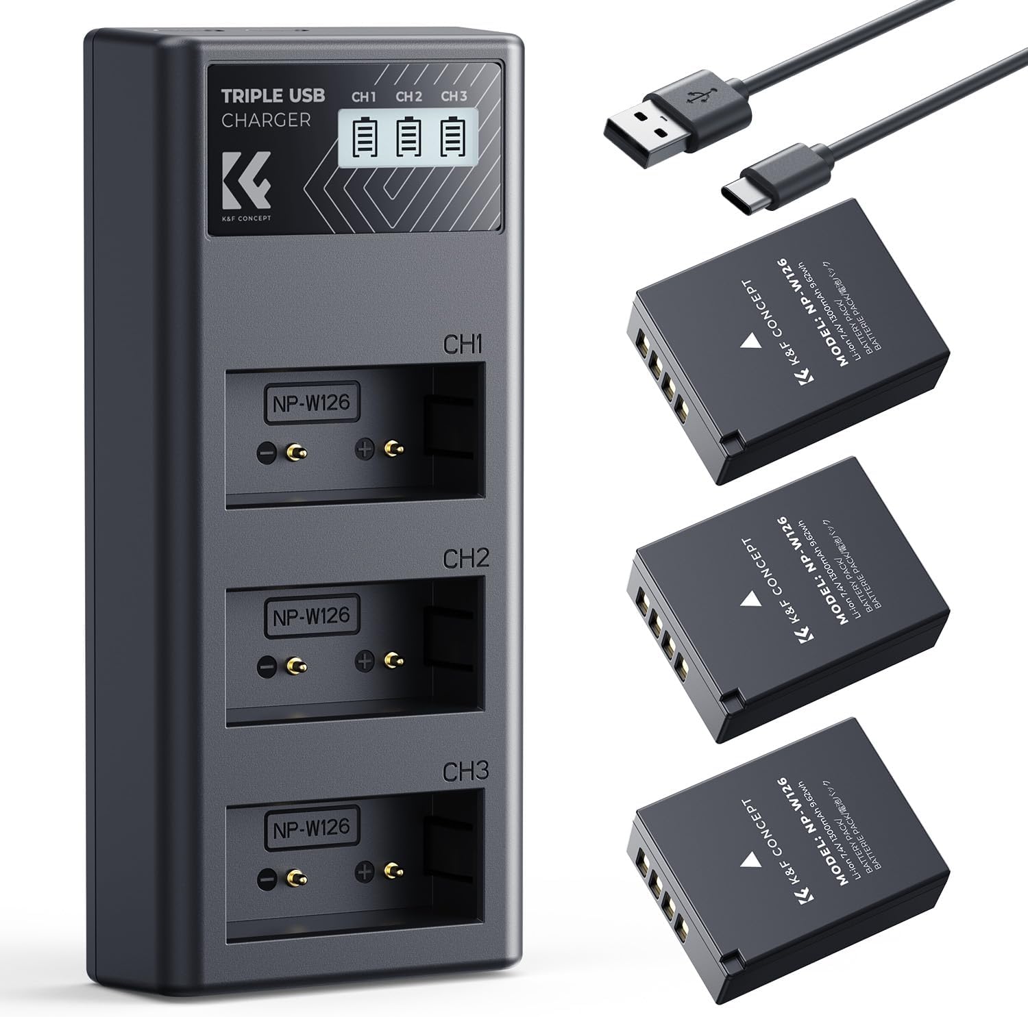 K&F CONCEPT 3-Pack NP-W126 NP-W126S Battery and Upgraded 3-Slot X Half Battery Charger Compatible with Fujifilm XM5, X Half, Xe5, X100VI, X100V, XS10, XT30, XT30 II, XT20, XE4, A5 Cameras