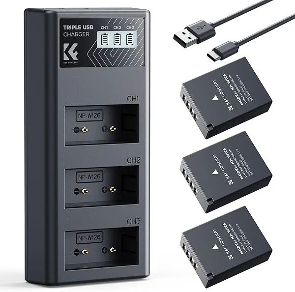 K&F CONCEPT 3-Pack NP-W126 NP-W126S Battery and Upgraded 3-Slot X Half Battery Charger Compatible with Fujifilm XM5, X Half, Xe5, X100VI, X100V, XS10, XT30, XT30 II, XT20, XE4, A5 Cameras