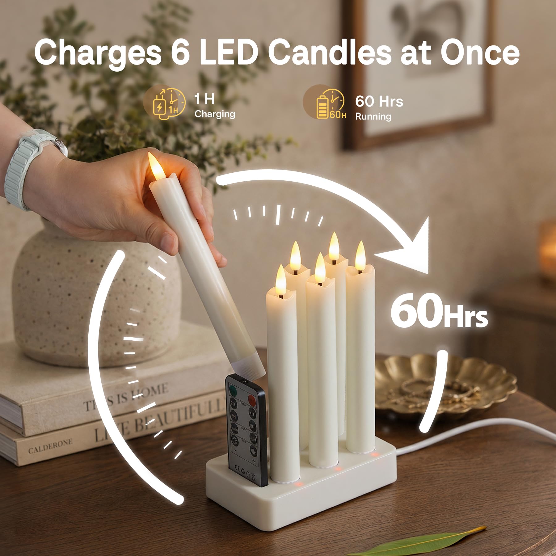 Velas LED recargables mando temporizador, sin llama Marfil cera real pack 6 base carga, parpadeante mecha 3D luz cálida candeleros decoración hogar 1,98cm x 17,8cm