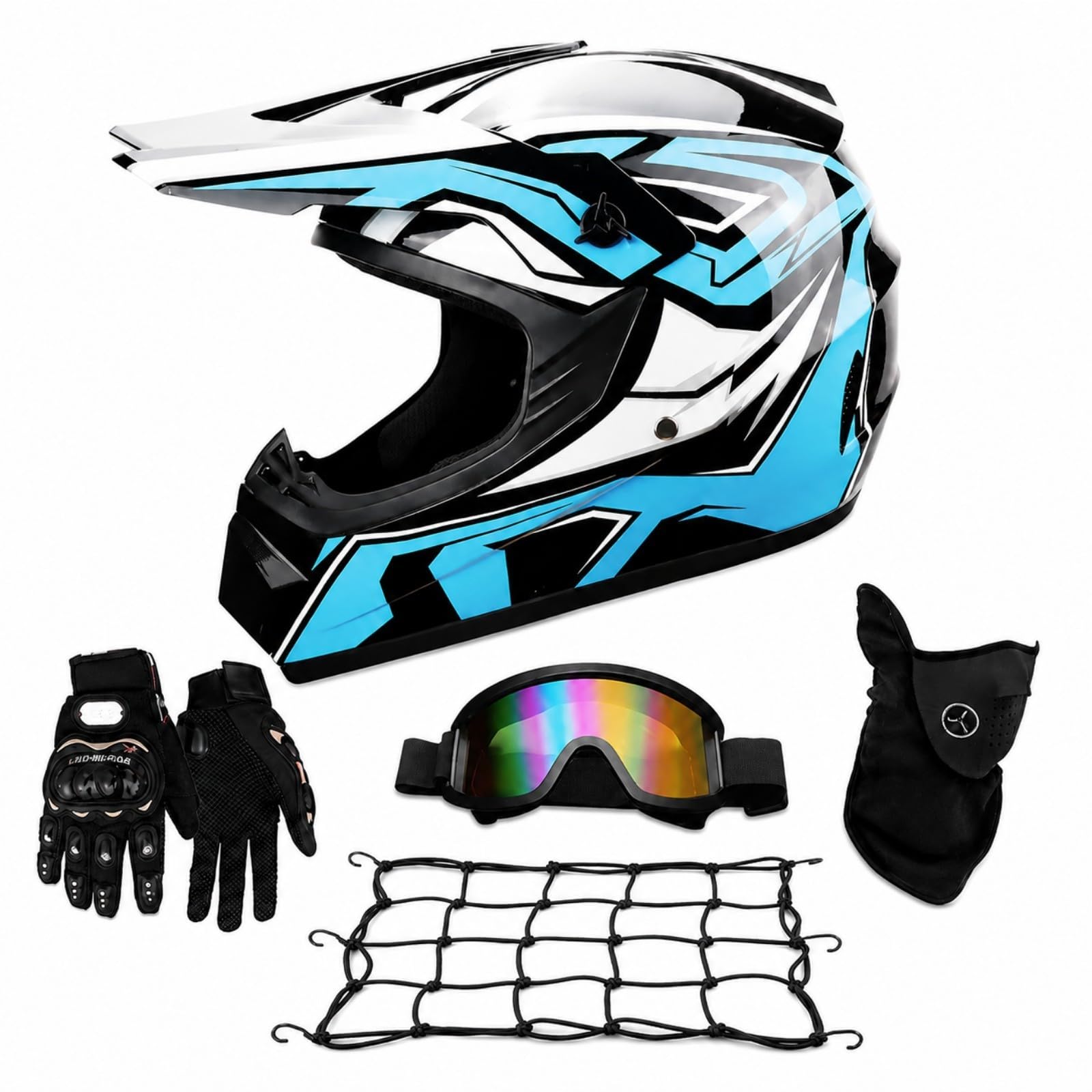Casco Off Road Integrale bianco, nero e blu, Kit con 3 Accessori