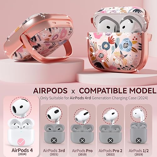 Miniatura 2 de Inesore Funda con bloqueo de seguridad para AirPods 4 2024, bonita funda floral para AirPod de 4 generación para mujeres con kit limpiador y