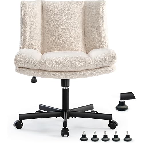 LEAGOO Criss Cross Chair with Wheels, Furry Armless Desk Chair, Comfy Wide Seat Cross Legged Office Chair, Stylish Height Adjustable Cute Swivel Vanity Chair for Home Office, Make Up, Cream White