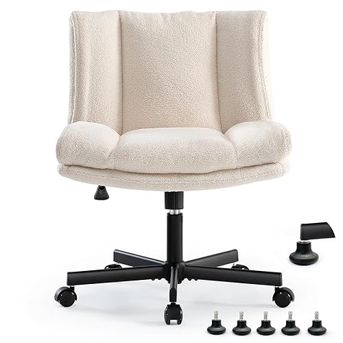 LEAGOO Criss Cross Chair with Wheels, Furry Armless Desk Chair, Comfy Wide Seat Cross Legged Office Chair, Stylish Height Adjustable Cute Swivel Vanity Chair for Home Office, Make Up, Cream White - Cream Furry With Wheels