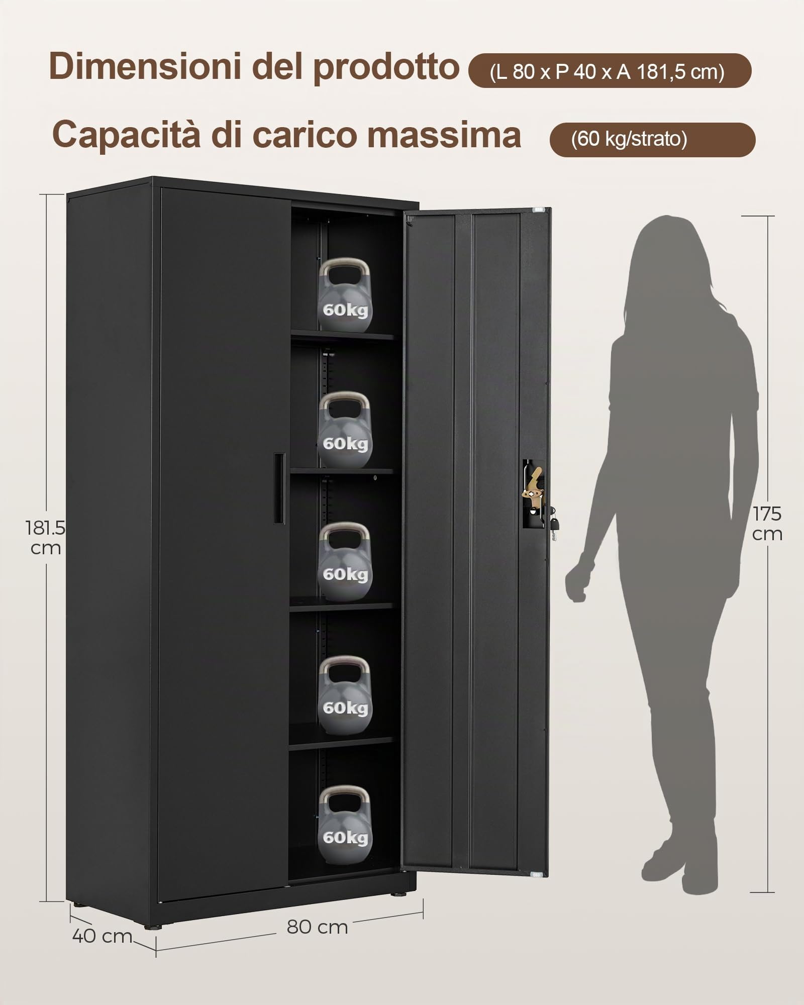 LAND·VOI Armadio in Acciaio 5 Ripiani con Serratura Ripiani Regolabili Ante a Doppia Porta Armadio per Ufficio Mobile in Metallo per Ufficio Garage Cucina Officina 80×40×181.5 cm Nero