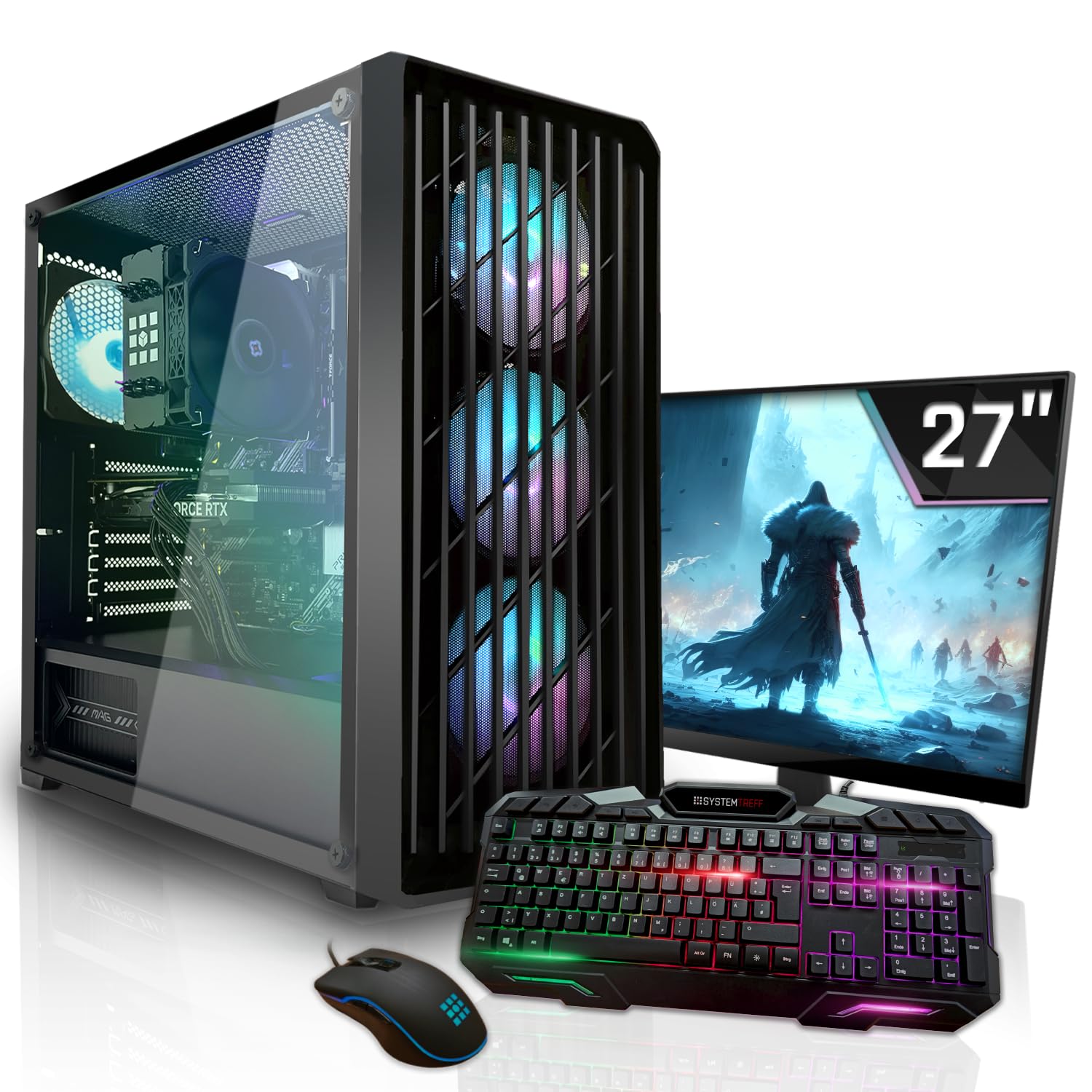 SYSTEMTREFF Gaming Komplett PC Set - AMD Ryzen 5 5500 - RTX 5050 8GB GDDR6 | AMD 6-Kern CPU bis 4.2 GHz, 16GB DDR4, 512GB M.2 NVMe SSD, Nvidia Grafik, Windows 11, 27 Zoll TFT Display, für Gaming