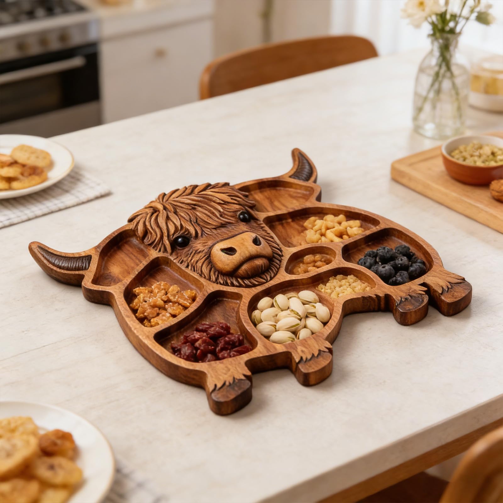 Tabla de embutidos de madera, plato de alimentos dividido para frutas, queso y carnes, perfecto para fiestas o reuniones, bonito diseño, material 100% natural