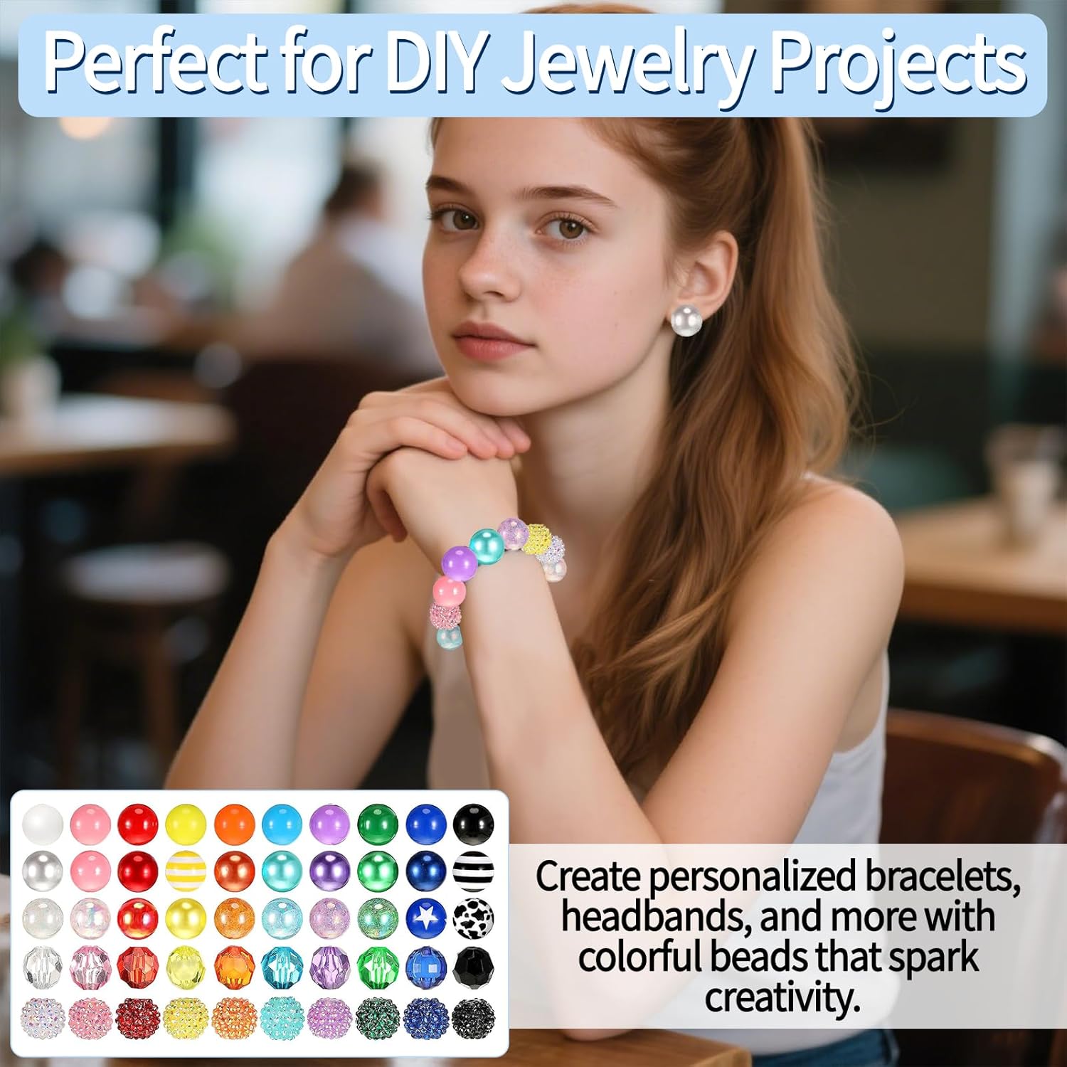 50Pcs 20mm Beads for Pens, Acrylic Bubblegum Rhinestone Beads for Jewelry Making, Craft Bead with Holes, Crystal Resin Chunky Large Mixed Bead Bulk for Pen Beadable Keychains Bracelets Necklace - Image 5