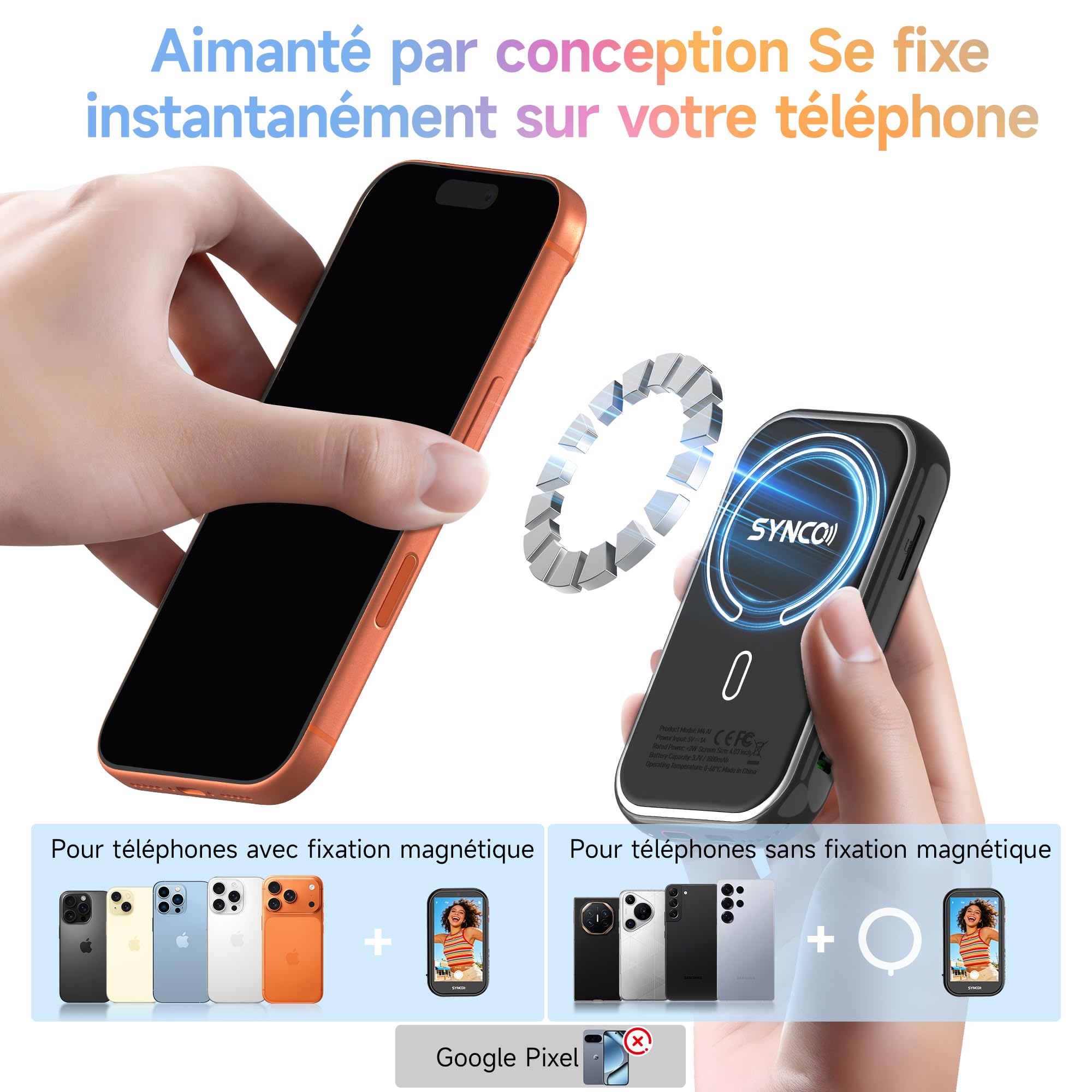 SYNCO XView M4 AI Moniteur Écran Selfie avec Lumière Magnétique pour iPhone et Android, Gesture Control, 4K Zero Latency, Écran Retour Caméra Selfie, Batterie 3h, pour Youtube TikTok (Noir)