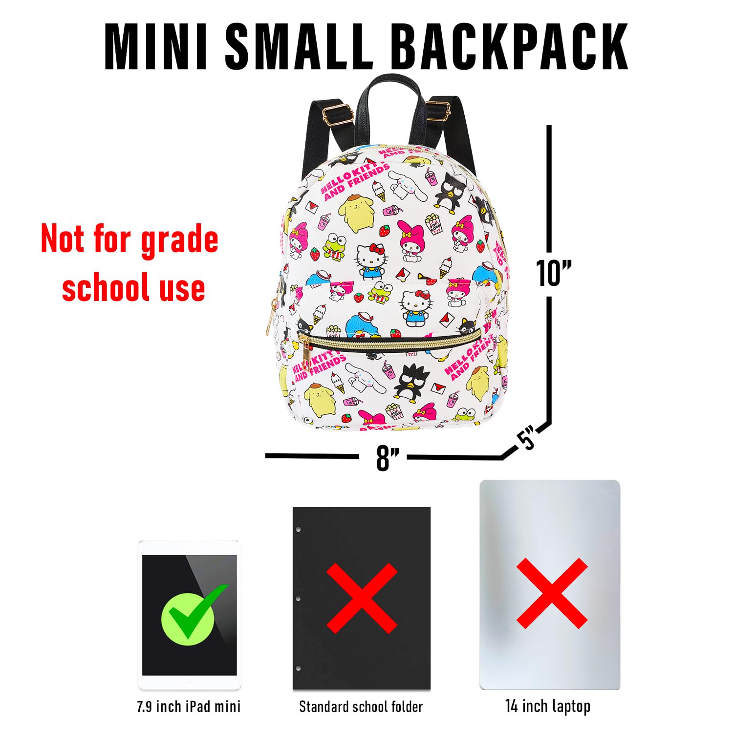 Hello Kitty and Friends Mini zaino da donna - Zaino Hello Kitty in ecopelle da 25,4 cm con tasca frontale e segnalibro | Hello Kitty zaino piccolo bundle, Multicolore, Hello Kitty MIni Backpack for