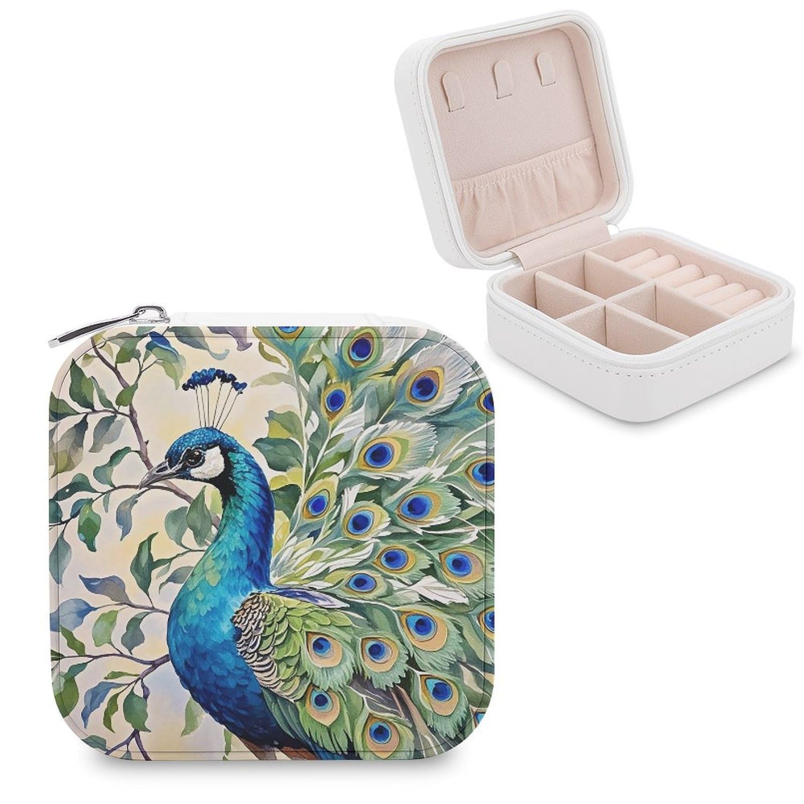FekiLoot Peacock Watercolor Painting Travel Jewelry Box Small Jewelry Organizer Storage Case Portable PU Leather Mini Jewellry Travel Case Necklace Ring Storage Organizer Gift for Women