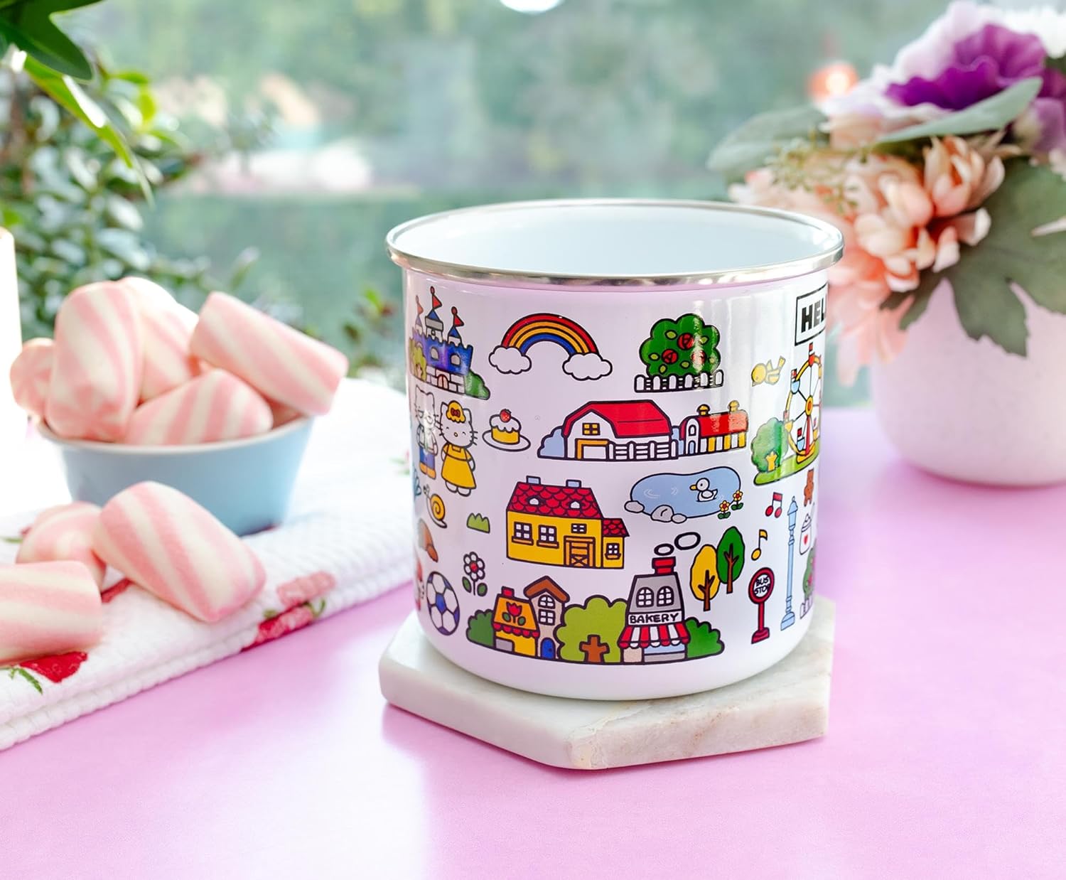 Silver Buffalo Sanrio Hello Kitty Destination Town Enamel Camper Mug | Large Coffee Cup For Tea, Espresso, Cocoa | Holds 21 Ounces