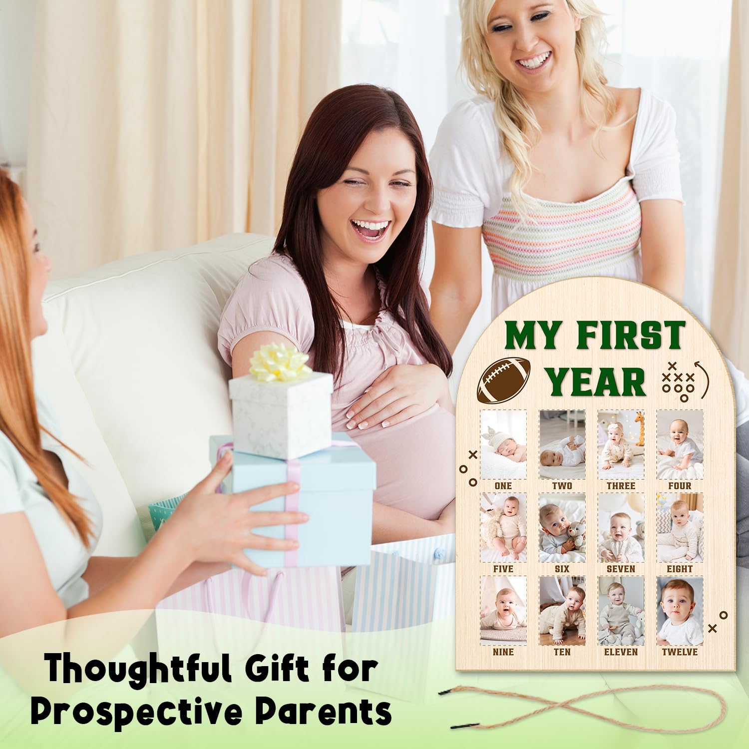 Football My First Year Photo Board - Newborn 12 Months Milestone Wooden Photo Board, First Birthday Decorations, Baby Keepsake Gift Supply (Fit 2x3in Pic) -14