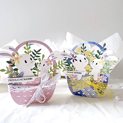 Miniatura 5 de Cesta de flores de conejo troquelada de metal, plantillas de marco de conejito de animales de Pascua, tarjetas de manualidades, troqueles de corte