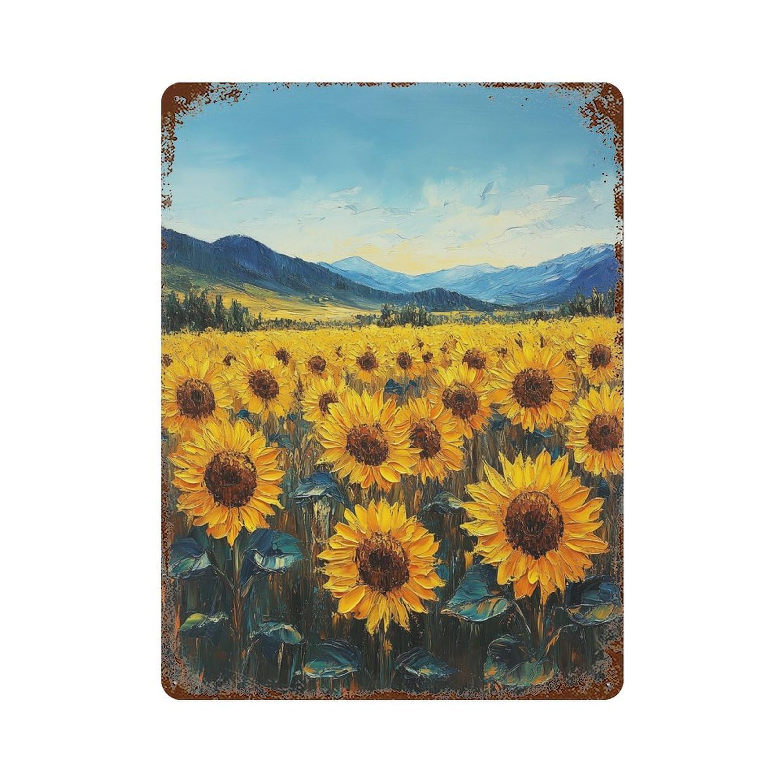 Aged Metal Wall Plaque with Sunflower Field Painting-3 Design 15.7"x11.8", for Shed, Workshop And Garage Wall Decor, Decorative Metal Wall Art