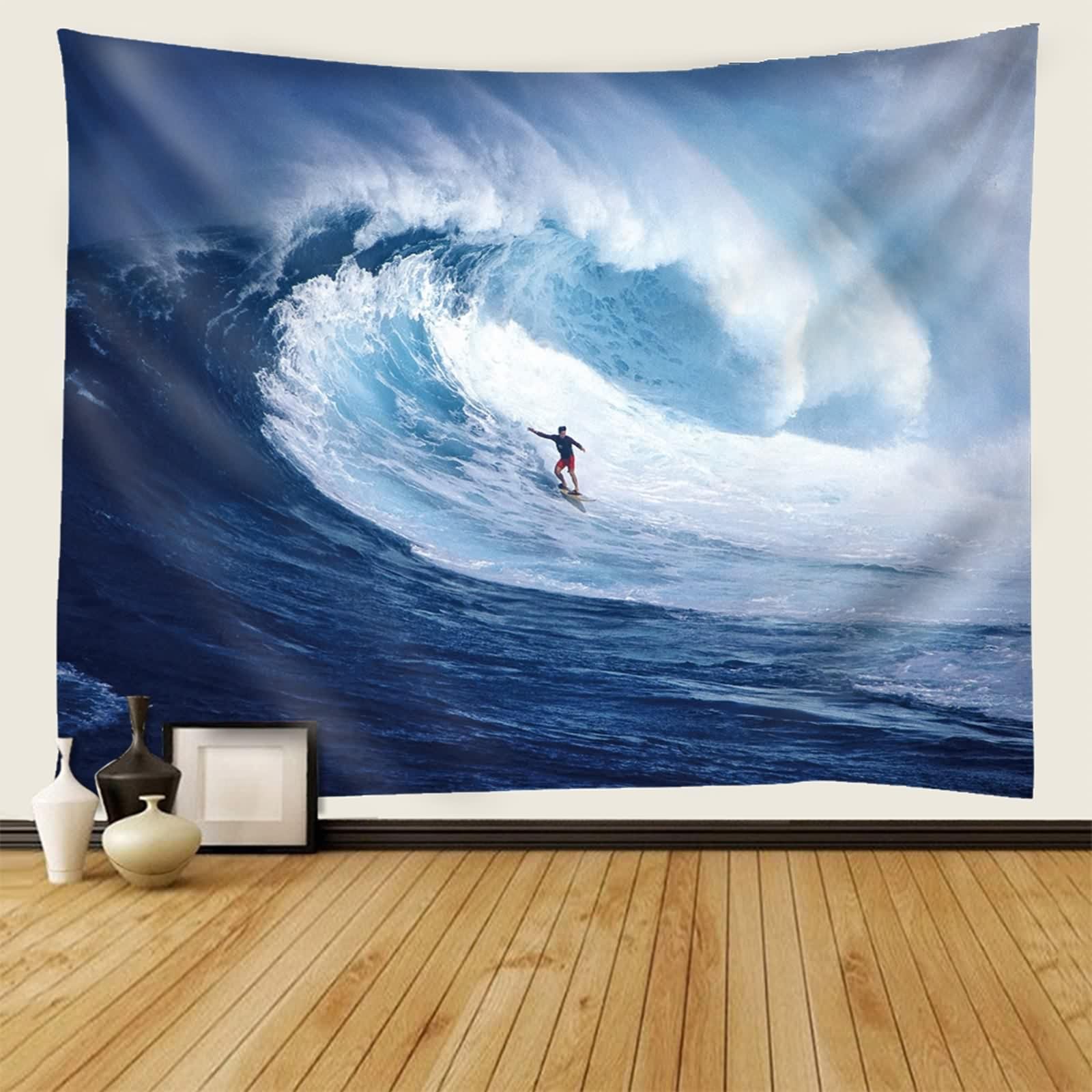 KnSam Dywan ścienny, ocean, fala morska, surfer 300 x 256 cm, chusta ścienna, ciemnoniebiesko-biała z poliestru, naturalny krajobraz, gobelin ścienny, do pokoju, akademika, sypialni