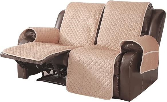 Velvet Recliner Covers Non Slip Waterproof Large Recliner Chair Covers for Leather Chairs Recliner Sofa Cover for Living Room Beige, 2 Seater