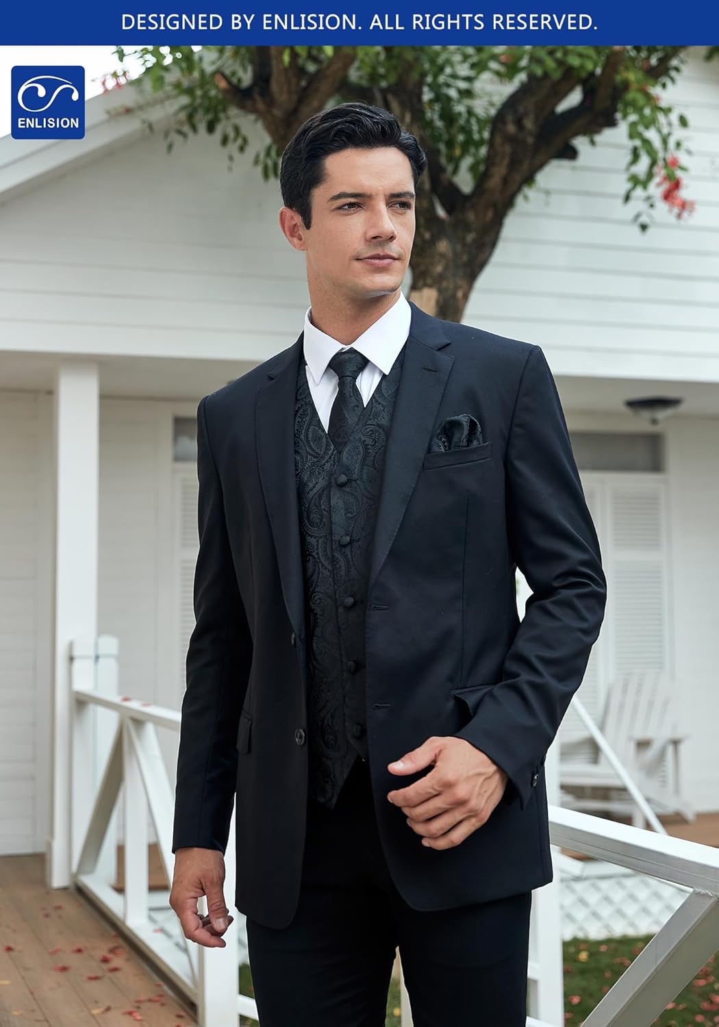 Enlision Mens Suit Vest Set 3PCS Paisley Tuxedo Vest & Tie Pocket Square for Wedding Prom Party Formal Business - Image 4