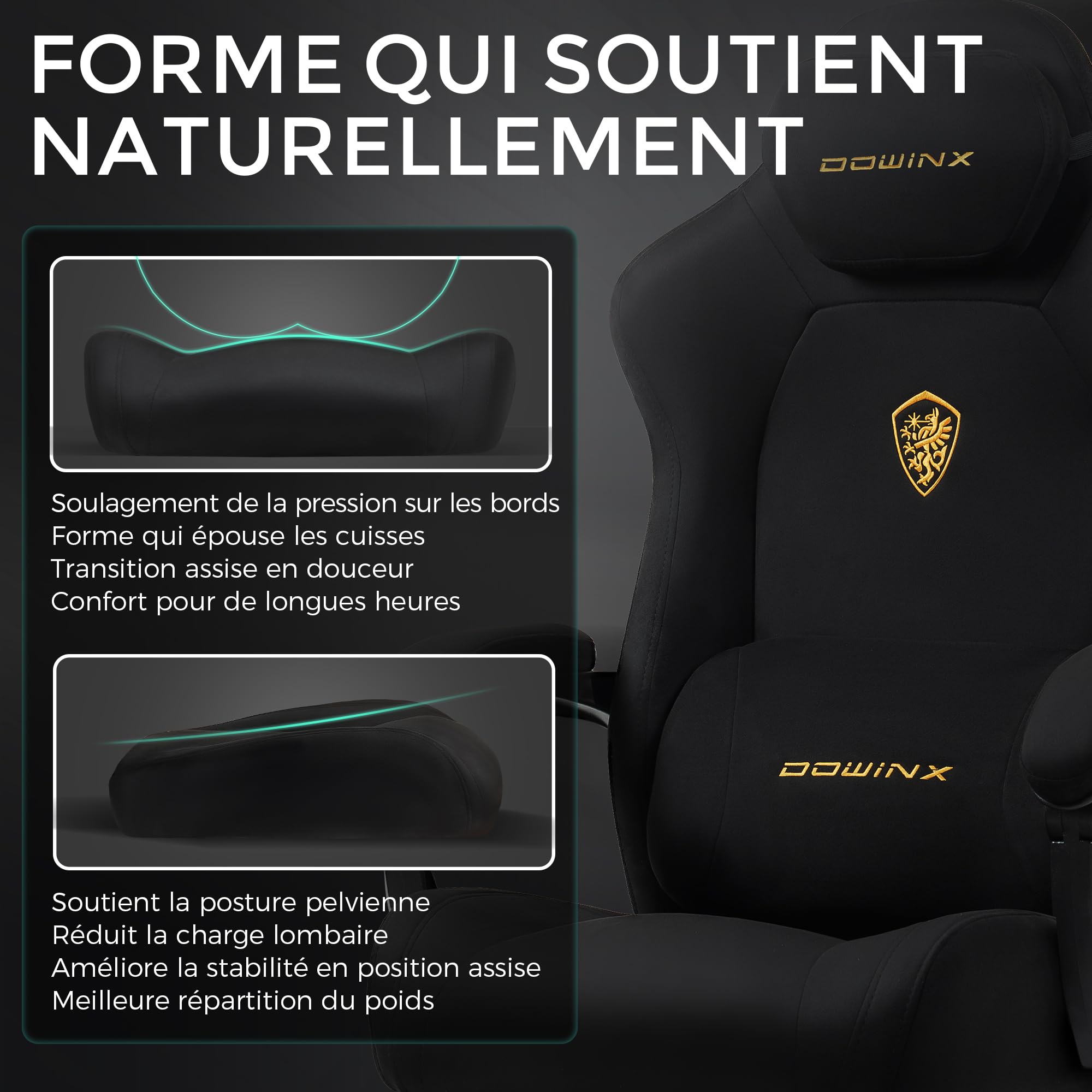 Dowinx Chaise Gaming Ergonomique avec Coussin Lombaire Réglable, Fauteuil Gamer en Velours, Assise Épaissie, Repose-Pieds Rétractable, Accoudoirs Réglables, Dossier Inclinable 160°, Noir