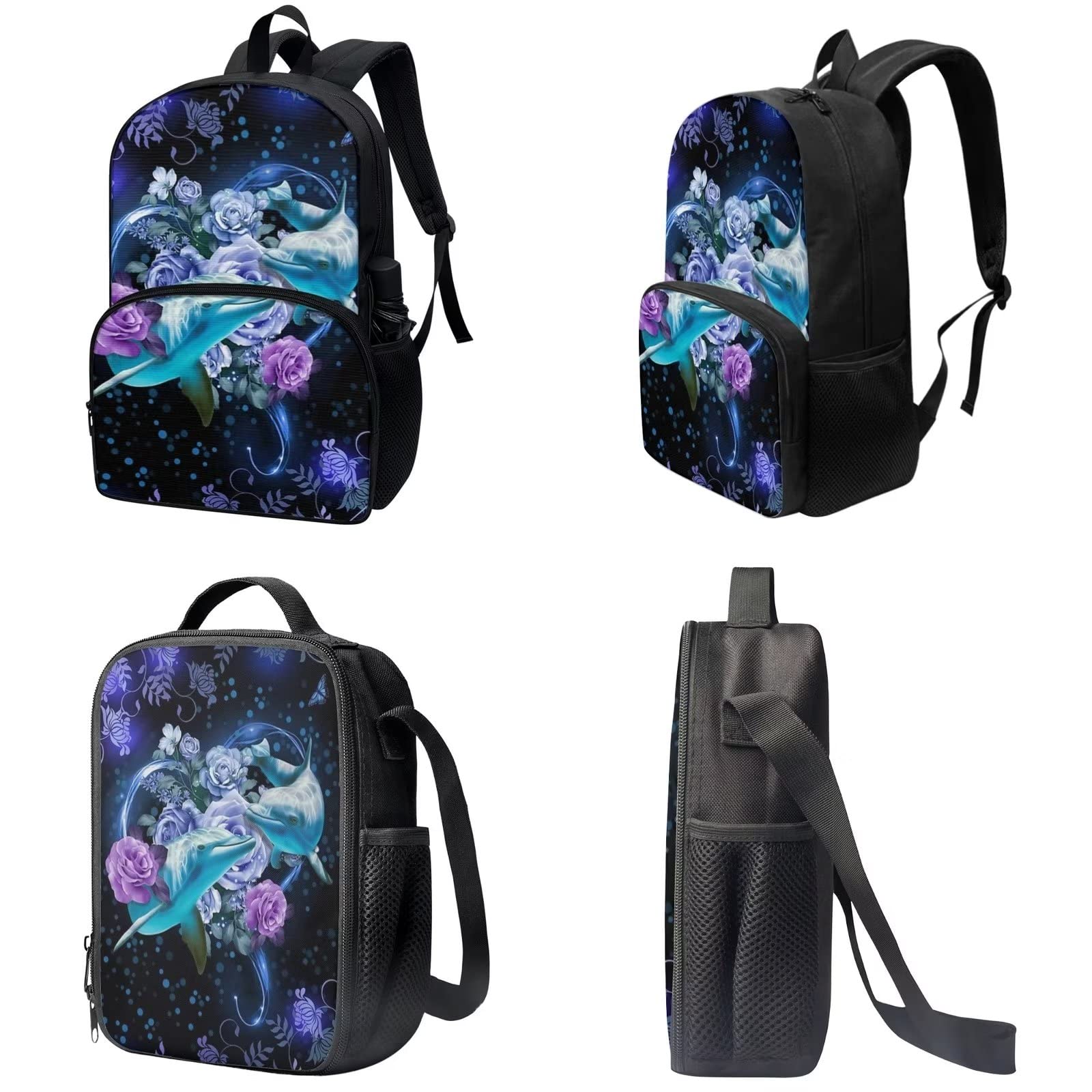 Poceacles Schultasche und Lunchbox-Set für Teenager, Jungen, Grundschule, Büchertasche, Federmäppchen für Grundschulkinder, Delfin Rose Blumen, Einheitsgröße
