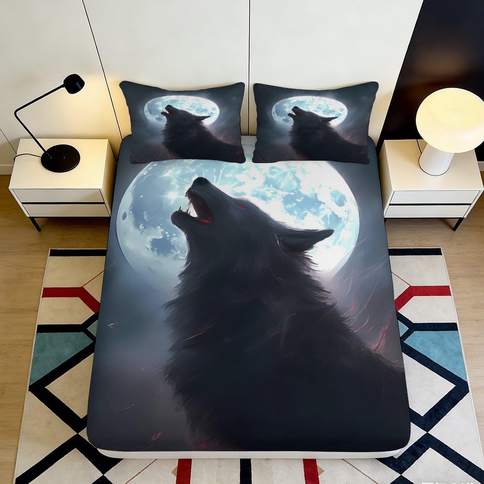 3D Printed Howling Wolf Moon Fitted Sheet Microfiber Soft Non-Slip Mattress Cover for Bedroom Dorm Mattress Protection Decor 180x200x25cm