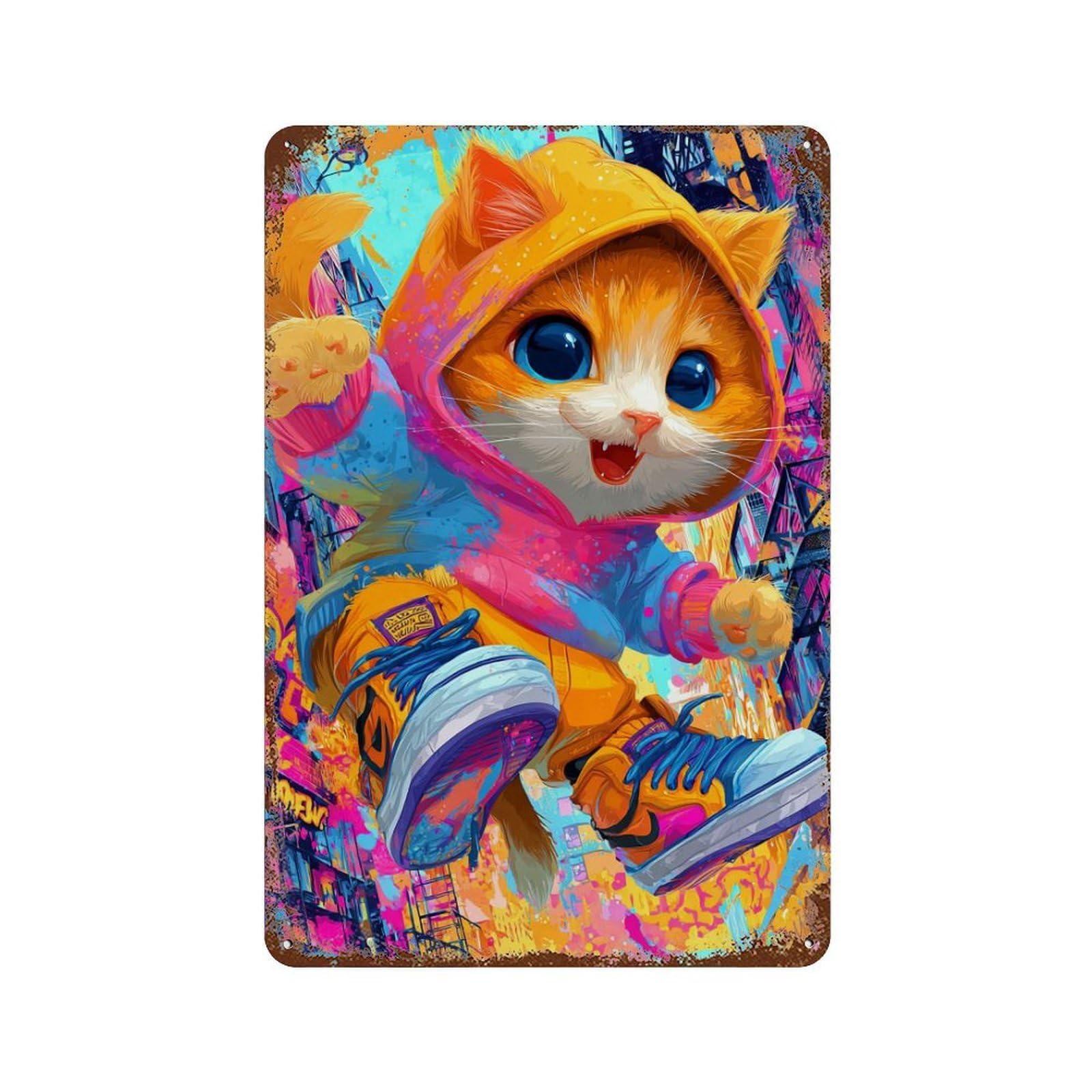 Rustic Tin Plaque with Colorful Urban Kitten Art Print Design 11.8"x7.9", for Cafe, Home Bar And Lounge Decor, Novelty Wall Decor